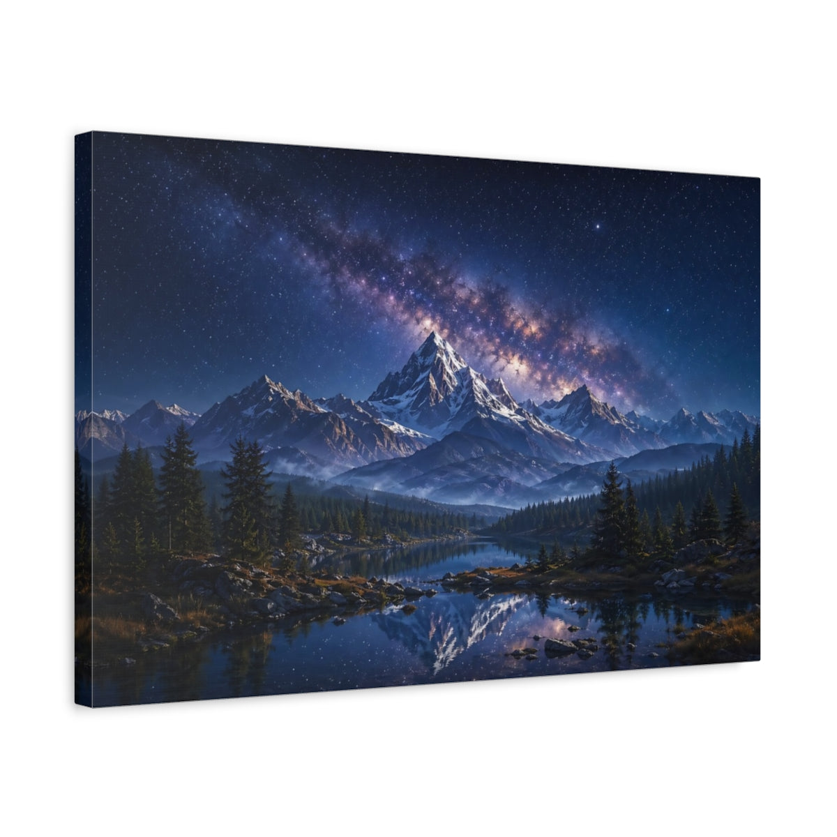 Side Mockup 3. Nature Snowy Mountains Blue Mountain Lake shown as stretched canvas wall art
