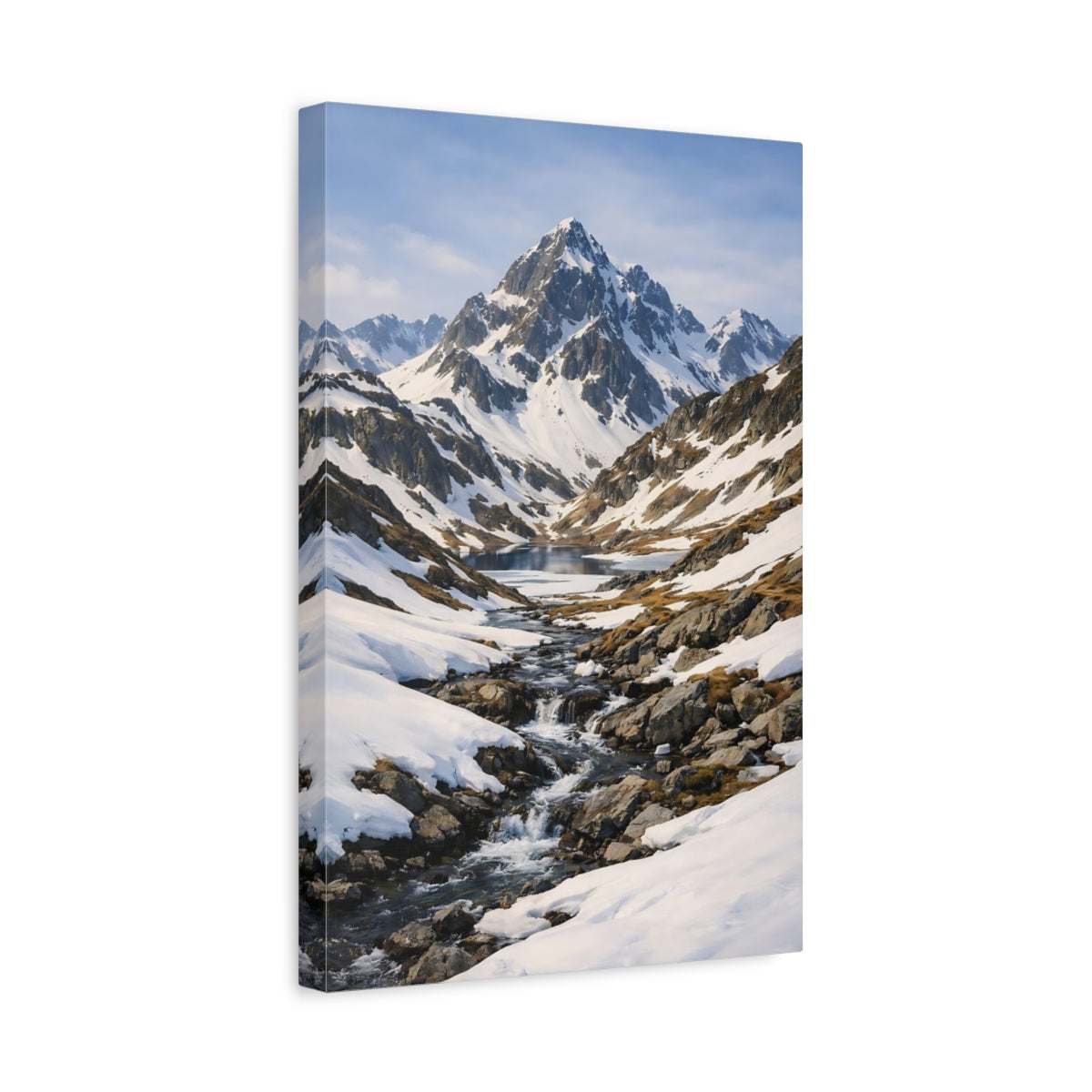 Side Mockup 4. Nature Snowy Mountains Snowy Blue Landscape shown as stretched canvas wall art
