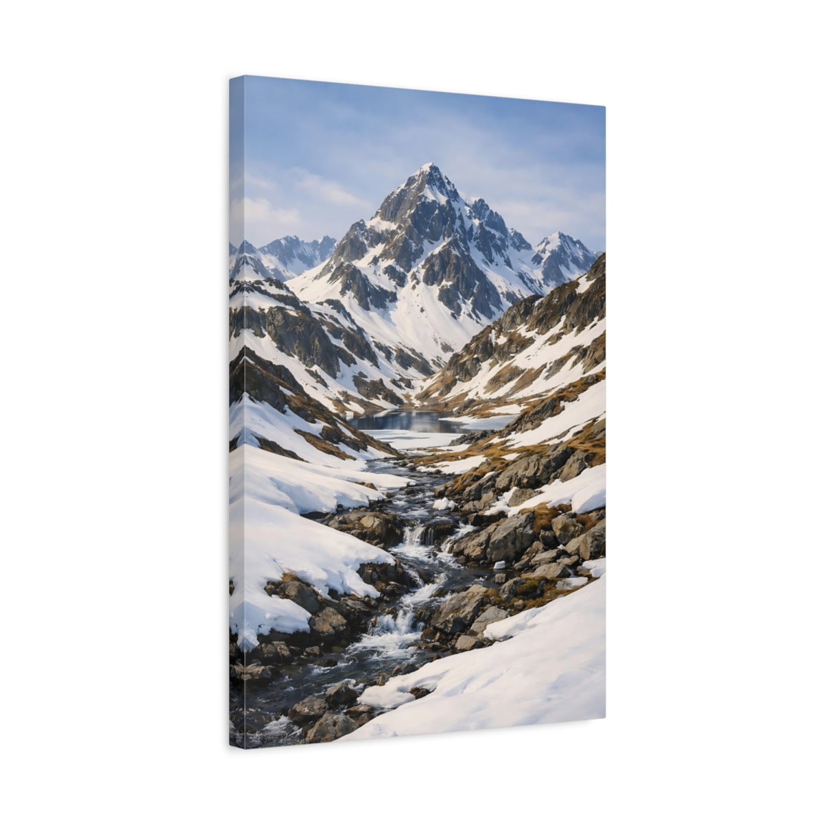 Side Mockup 3. Nature Snowy Mountains Snowy Blue Landscape shown as stretched canvas wall art