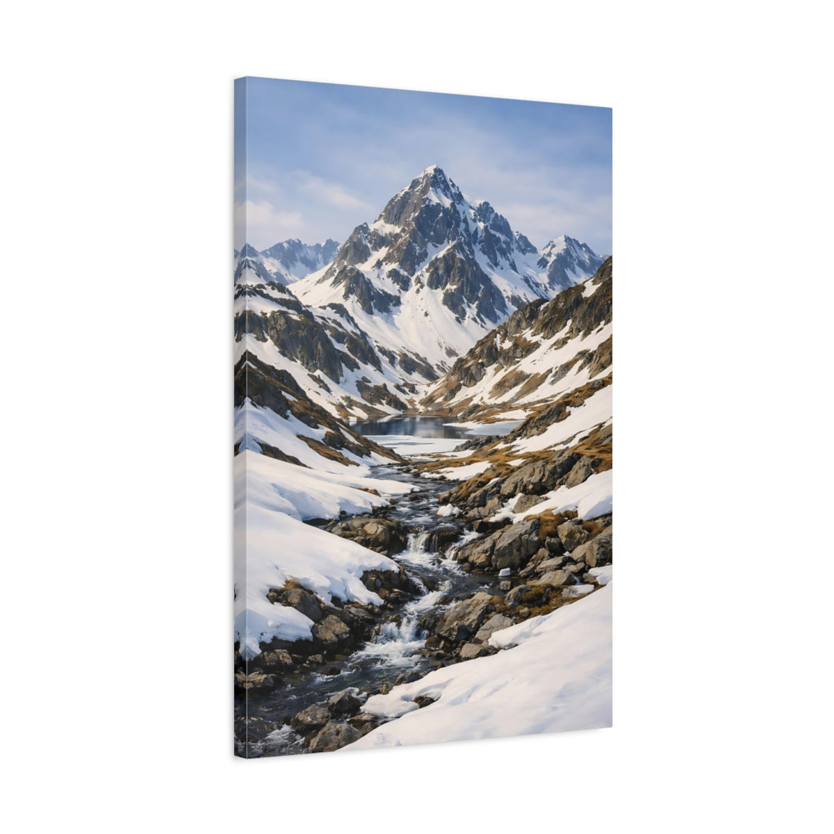 Side Mockup 2. Nature Snowy Mountains Snowy Blue Landscape shown as stretched canvas wall art