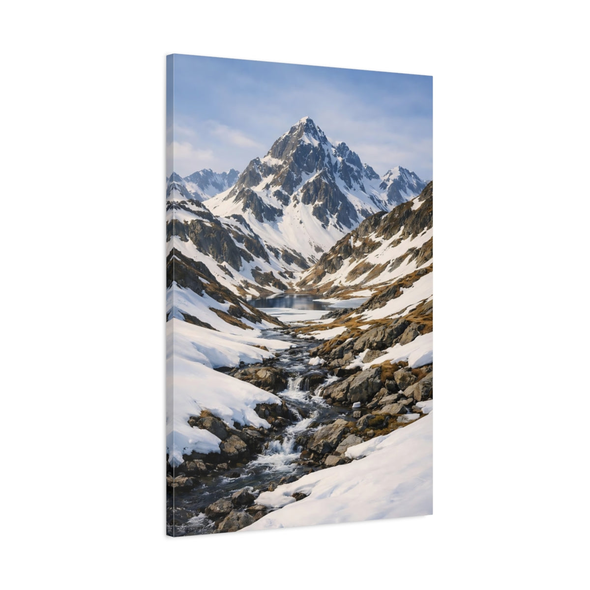 Side Mockup 1. Nature Snowy Mountains Snowy Blue Landscape shown as stretched canvas wall art