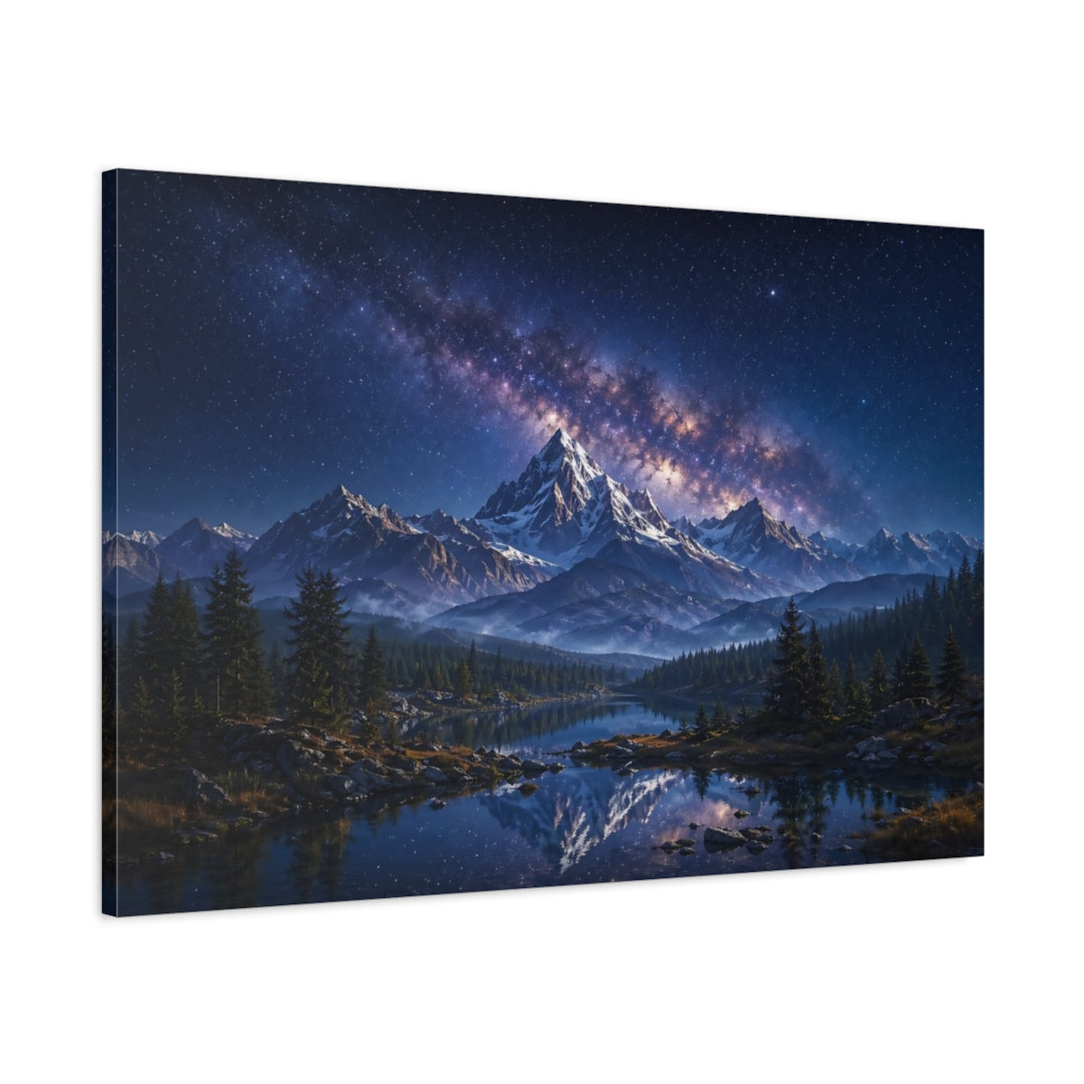 Main Mockup. Nature Snowy Mountains Blue Mountain Lake shown as stretched canvas wall art