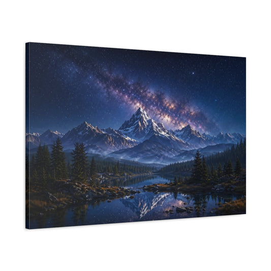 Main Mockup. Nature Snowy Mountains Blue Mountain Lake shown as stretched canvas wall art