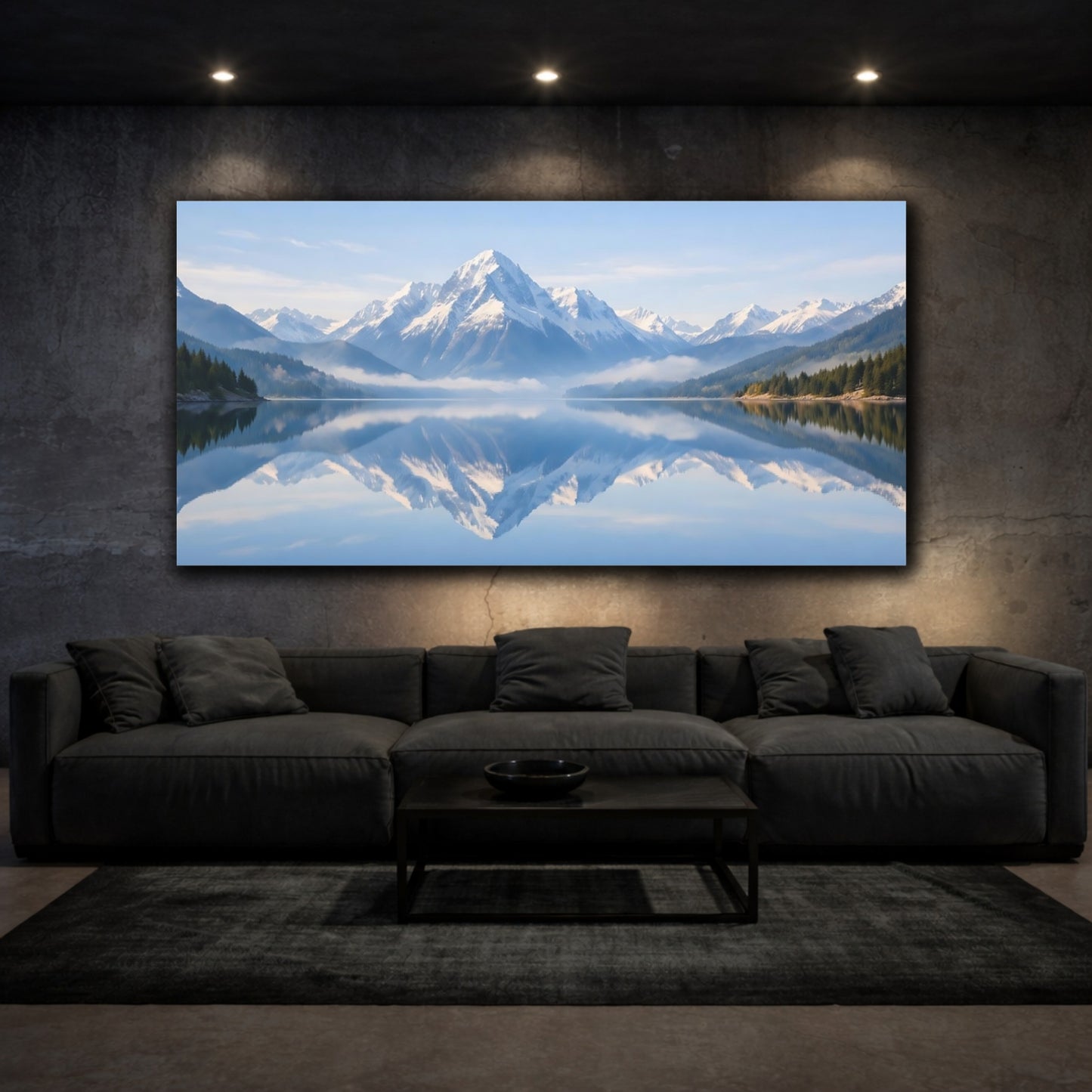Mockup 2. Nature Snowy Mountains Blue Mountain Lake shown as stretched canvas wall art