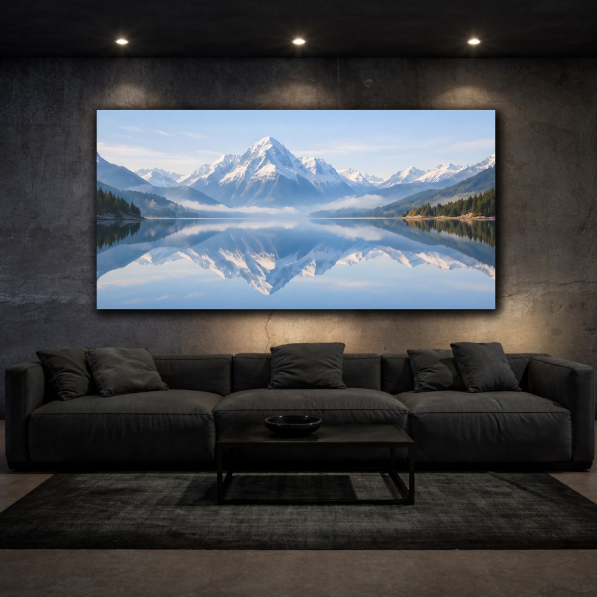 Mockup 2. Nature Snowy Mountains Blue Mountain Lake shown as stretched canvas wall art