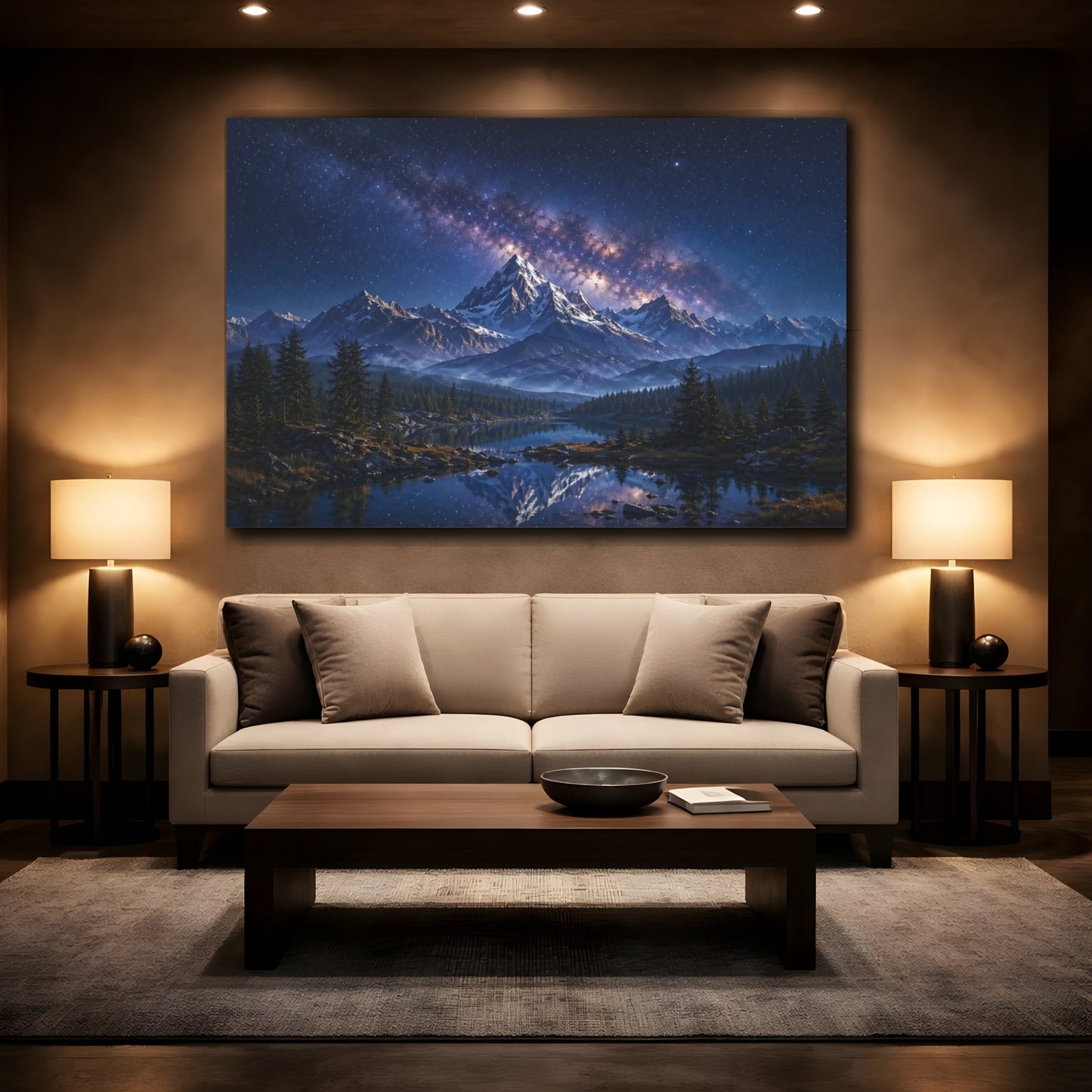 Mockup 2. Nature Snowy Mountains Blue Mountain Lake shown as stretched canvas wall art