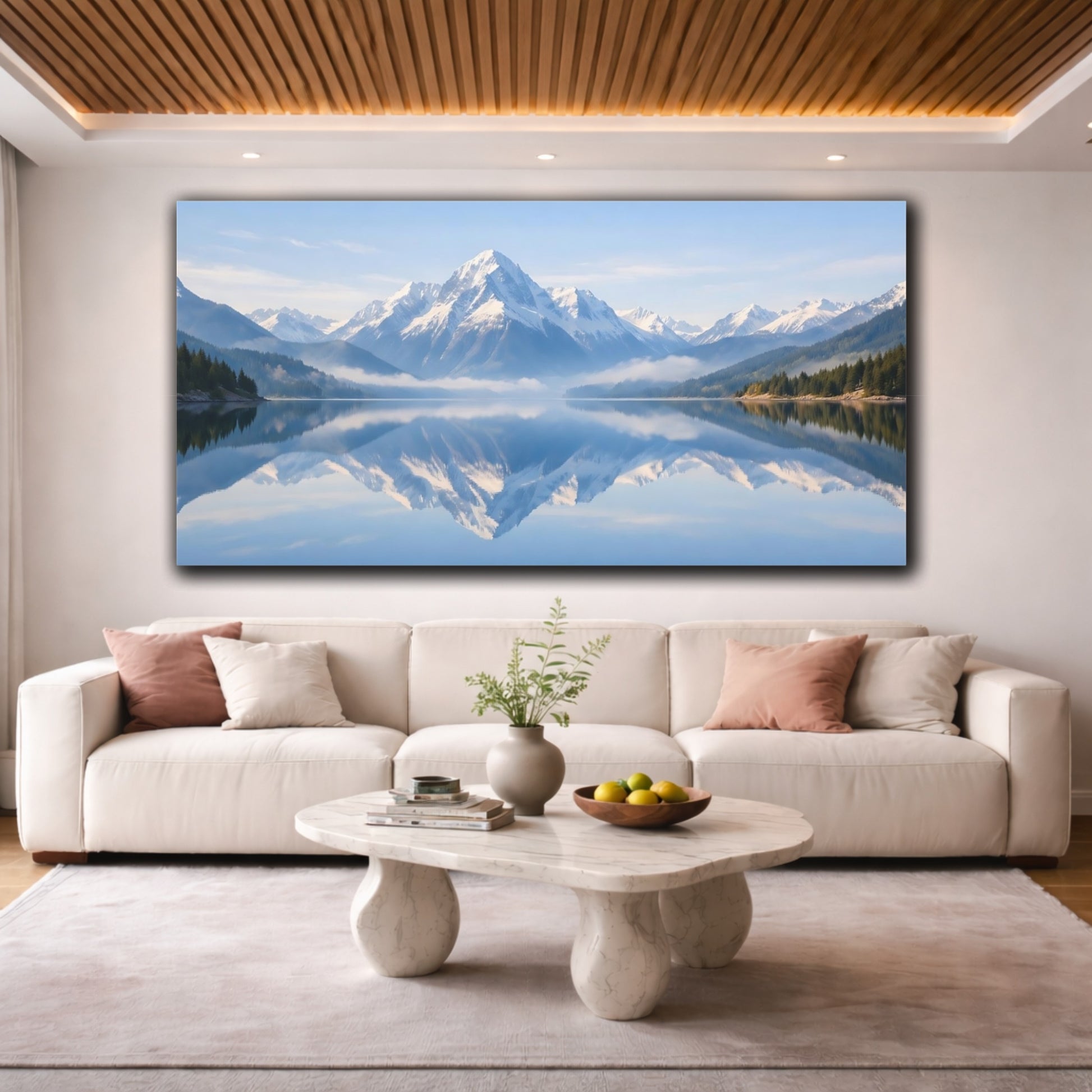 Mockup 3. Nature Snowy Mountains Blue Mountain Lake shown as stretched canvas wall art