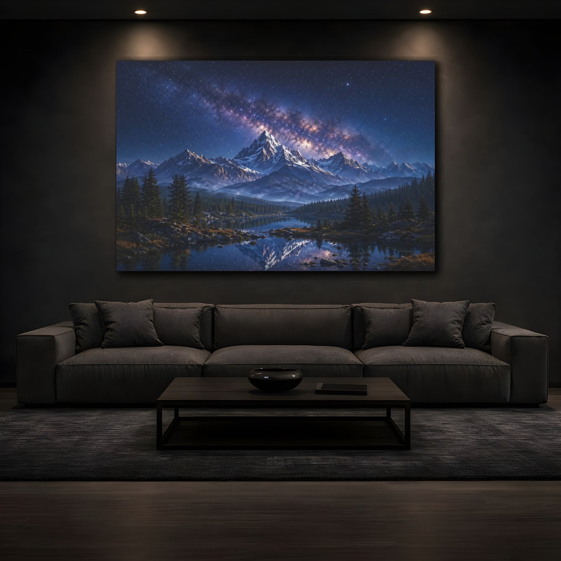 Mockup 3. Nature Snowy Mountains Blue Mountain Lake shown as stretched canvas wall art