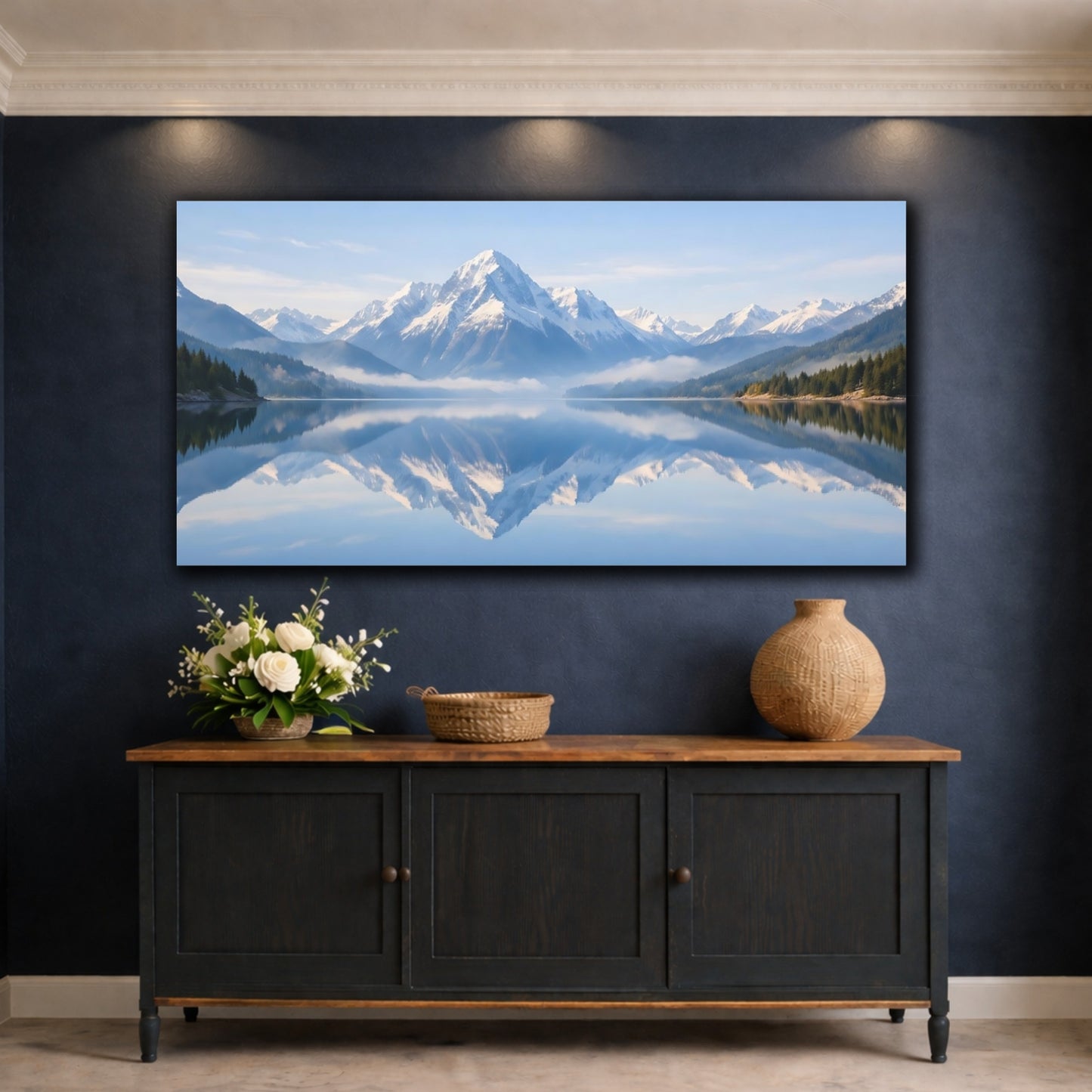 Mockup 4. Nature Snowy Mountains Blue Mountain Lake shown as stretched canvas wall art