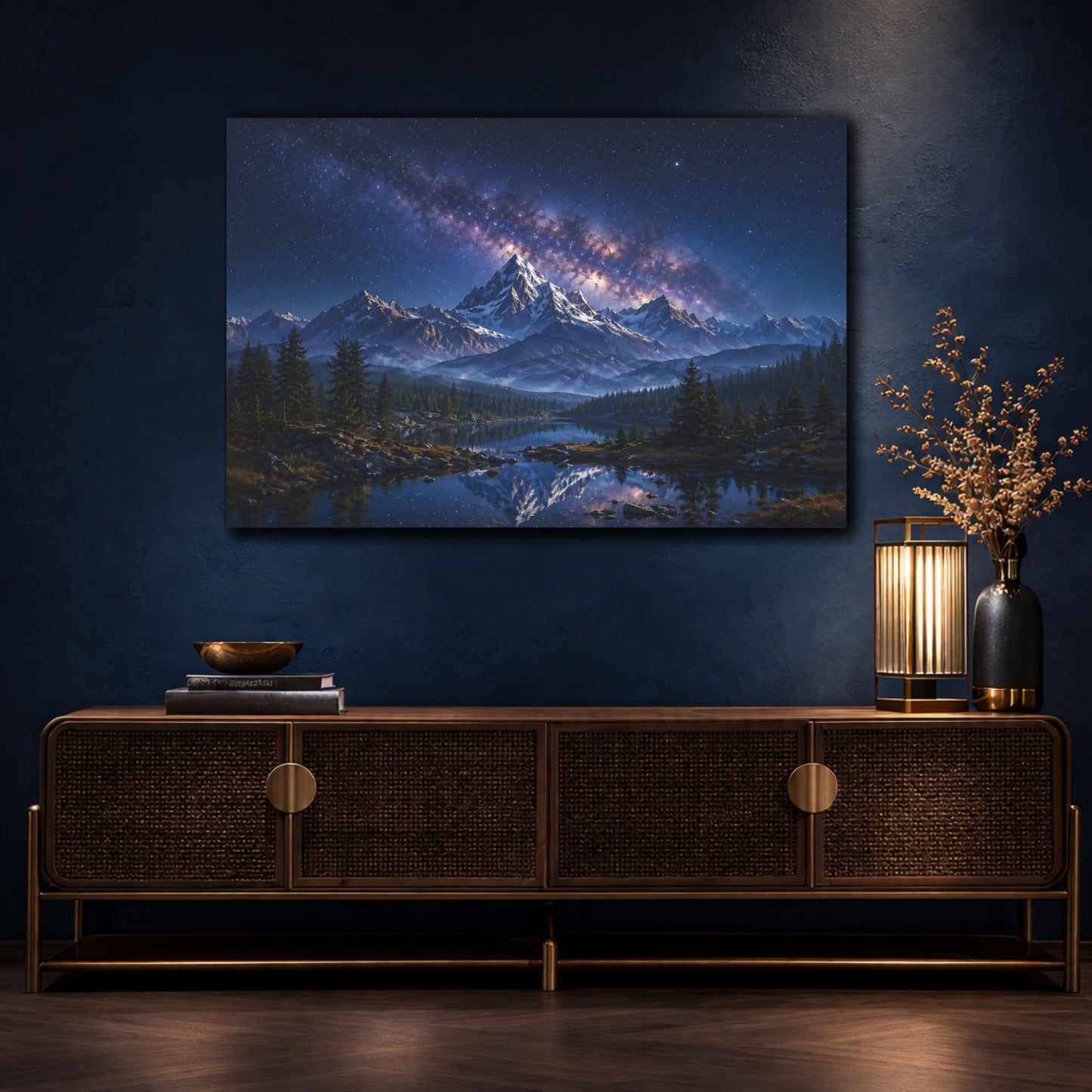 Mockup 4. Nature Snowy Mountains Blue Mountain Lake shown as stretched canvas wall art