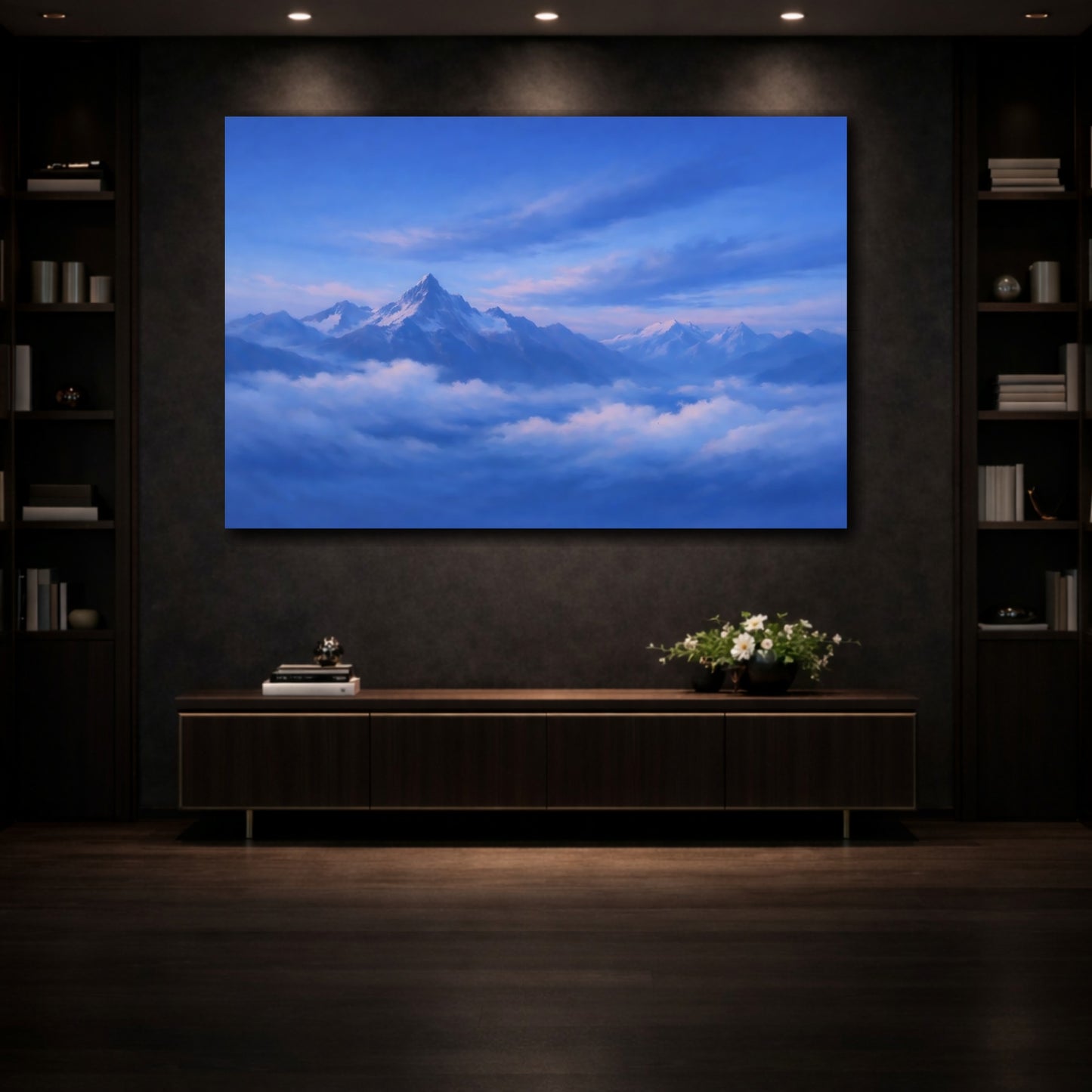 Mockup 4. Nature Snowy Mountains Blue Mountain Landscape shown as stretched canvas wall art