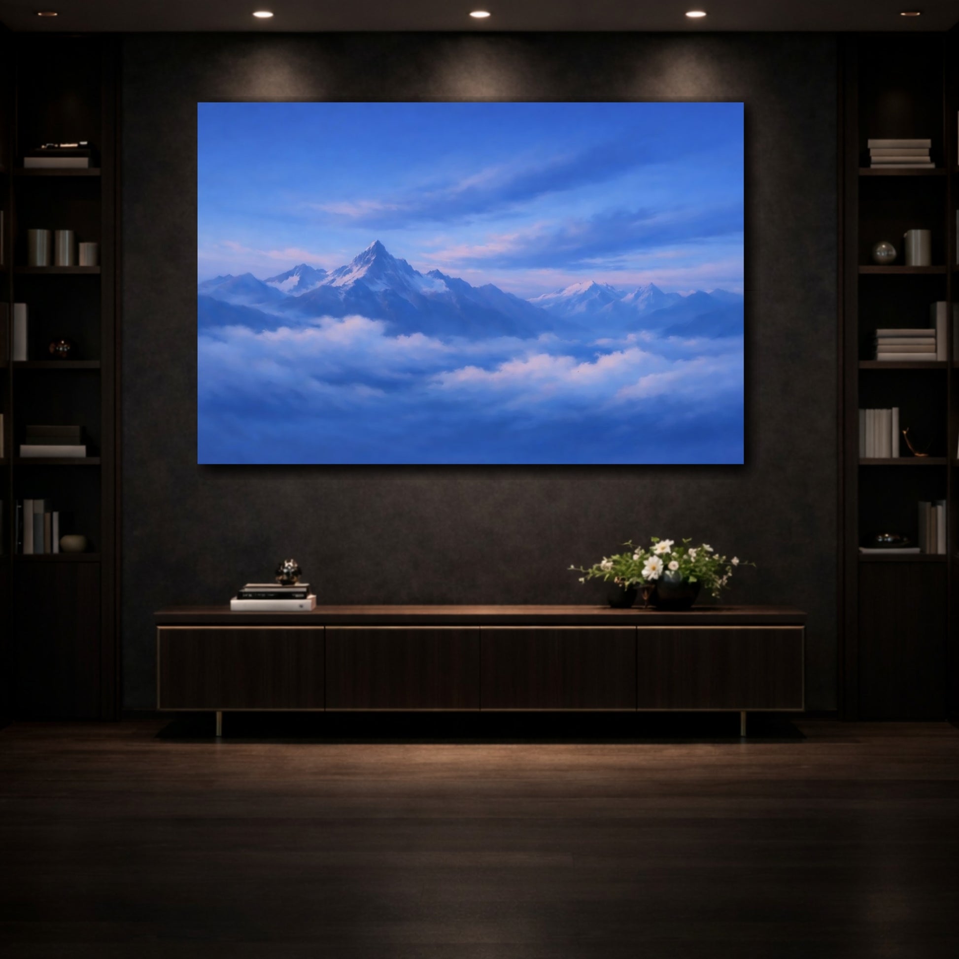 Mockup 4. Nature Snowy Mountains Blue Mountain Landscape shown as stretched canvas wall art