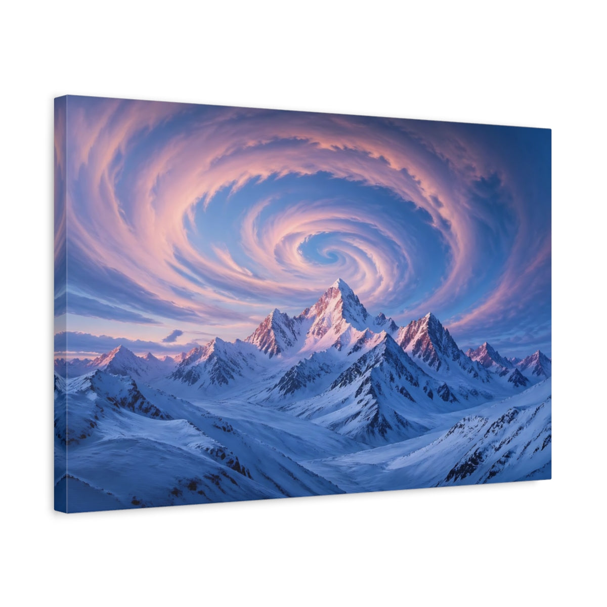 Side Mockup 3. Nature Snowy Mountains Blue Pink Mountains shown as stretched canvas wall art