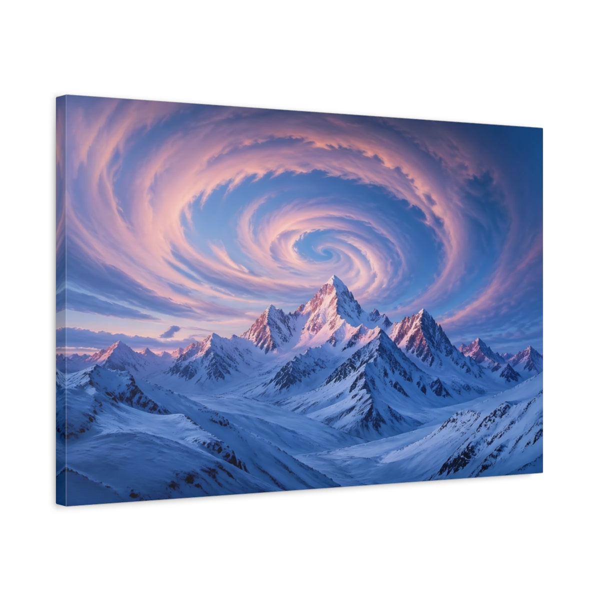 Side Mockup 2. Nature Snowy Mountains Blue Pink Mountains shown as stretched canvas wall art