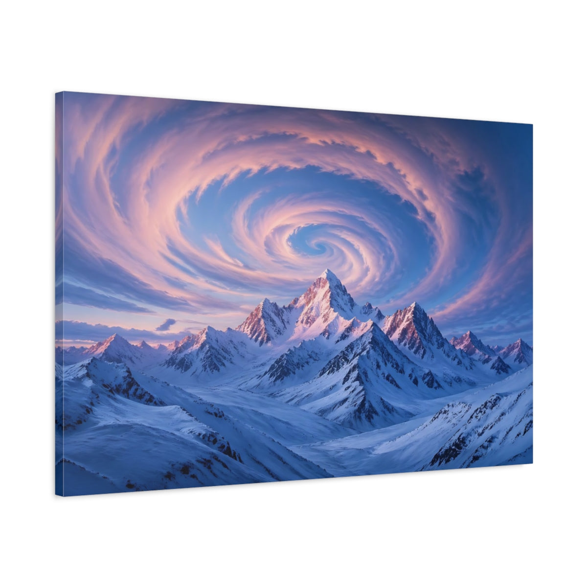 Main Mockup. Nature Snowy Mountains Blue Pink Mountains shown as stretched canvas wall art