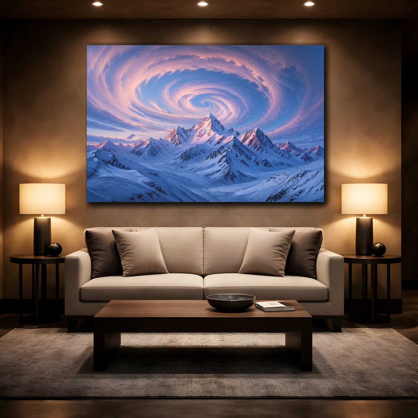 Mockup 2. Nature Snowy Mountains Blue Pink Mountains shown as stretched canvas wall art
