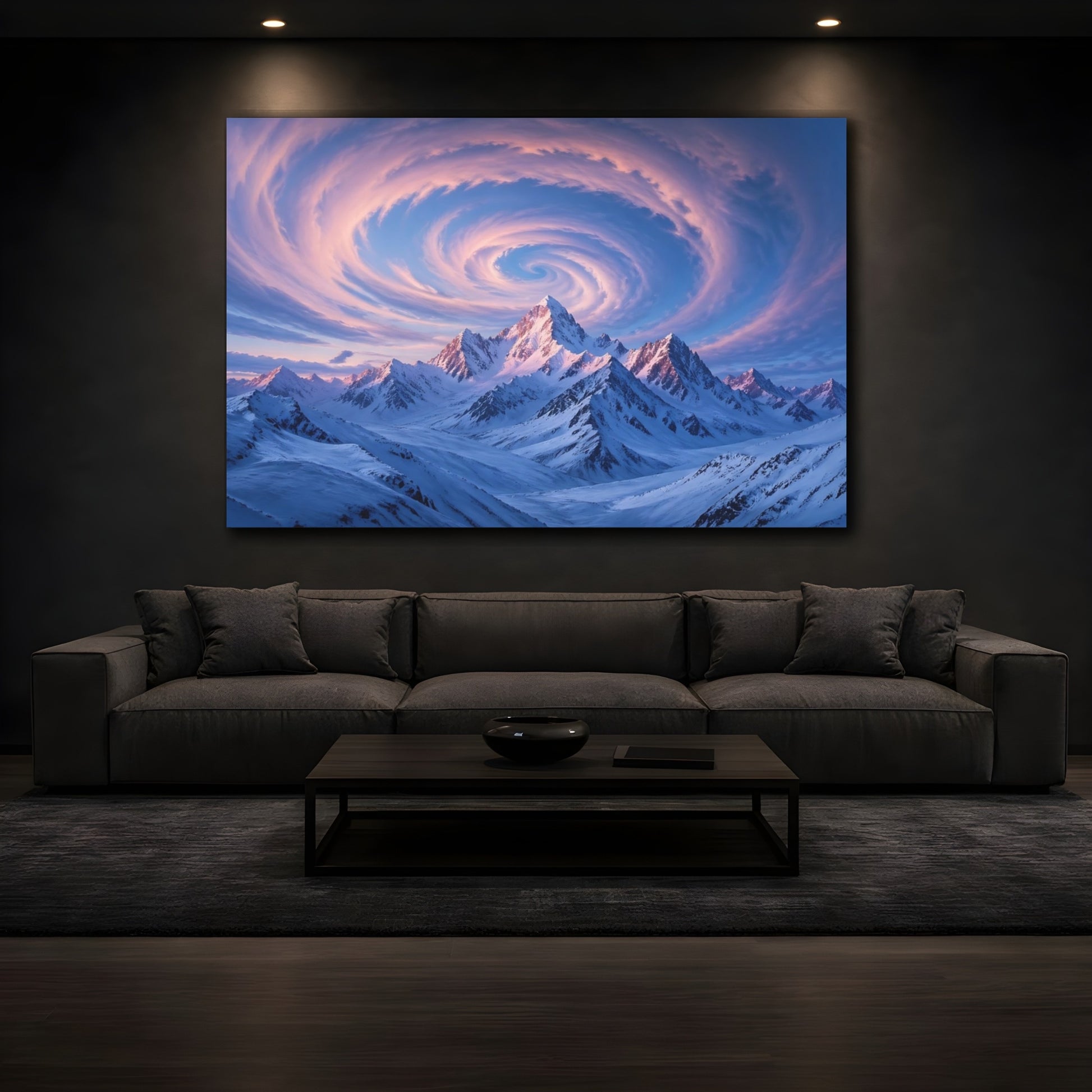 Mockup 3. Nature Snowy Mountains Blue Pink Mountains shown as stretched canvas wall art