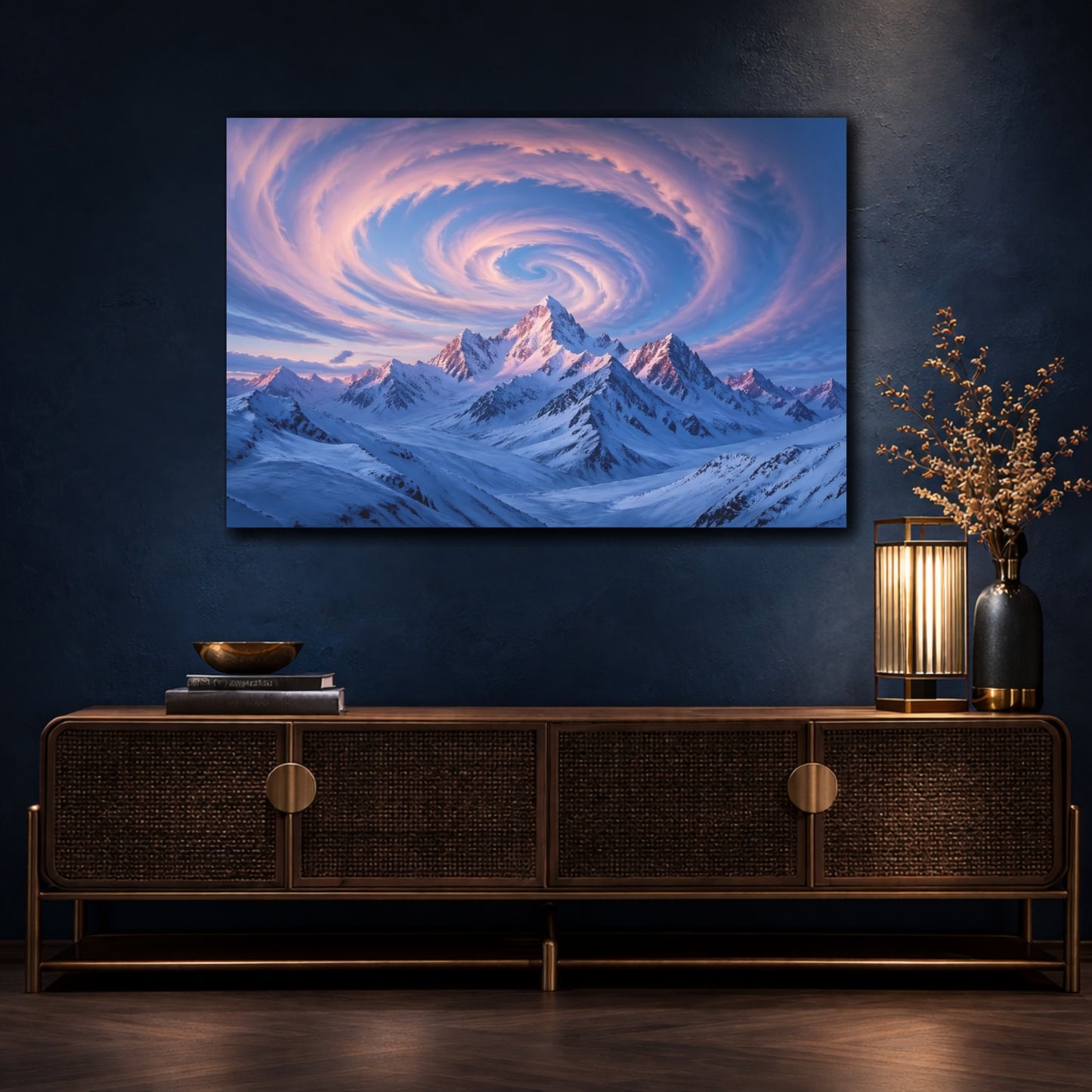 Mockup 4. Nature Snowy Mountains Blue Pink Mountains shown as stretched canvas wall art