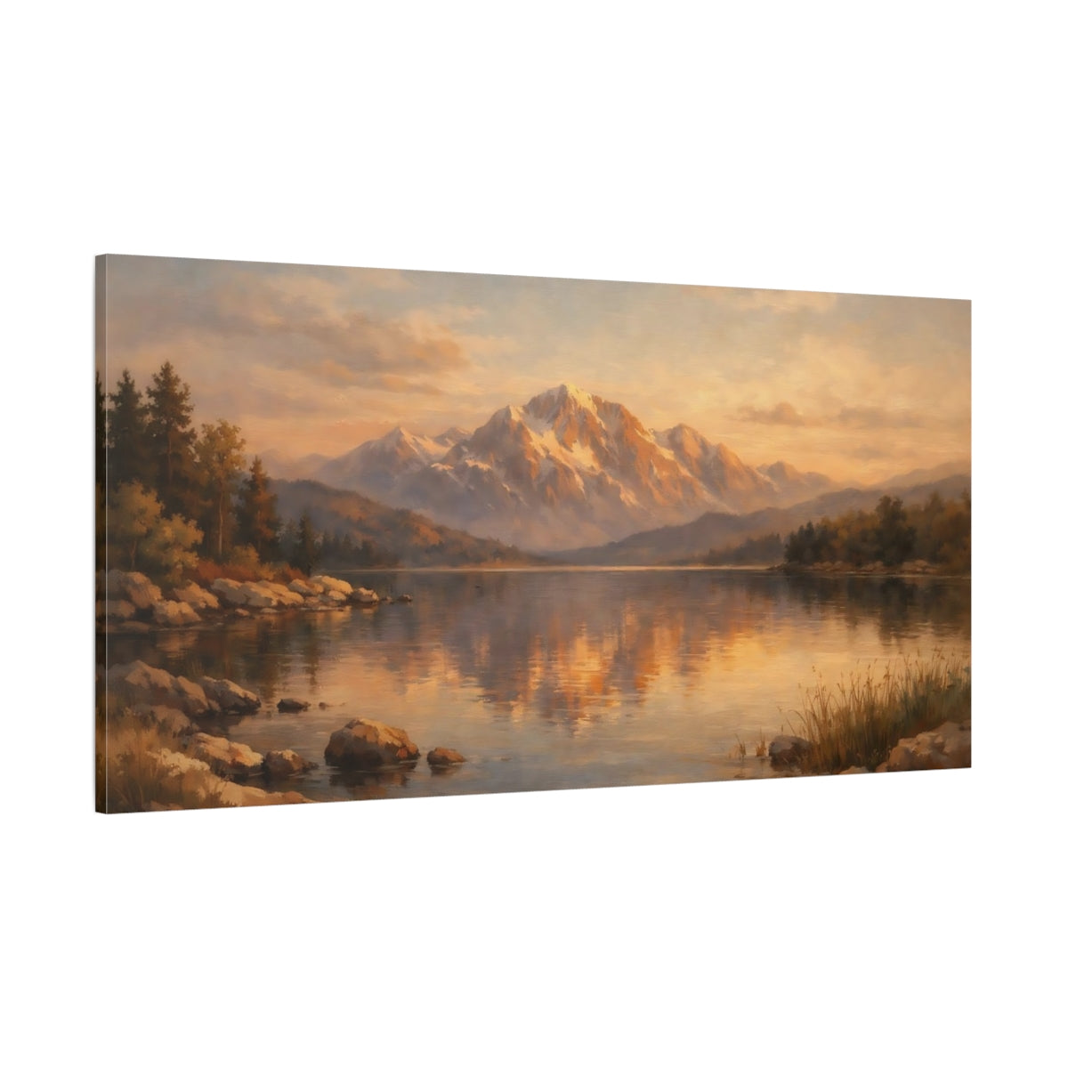 Main Mockup. Nature Snowy Mountains Golden Hour Landscape shown as stretched canvas wall art