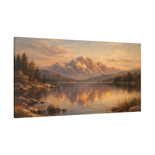 Main Mockup. Nature Snowy Mountains Golden Hour Landscape shown as stretched canvas wall art
