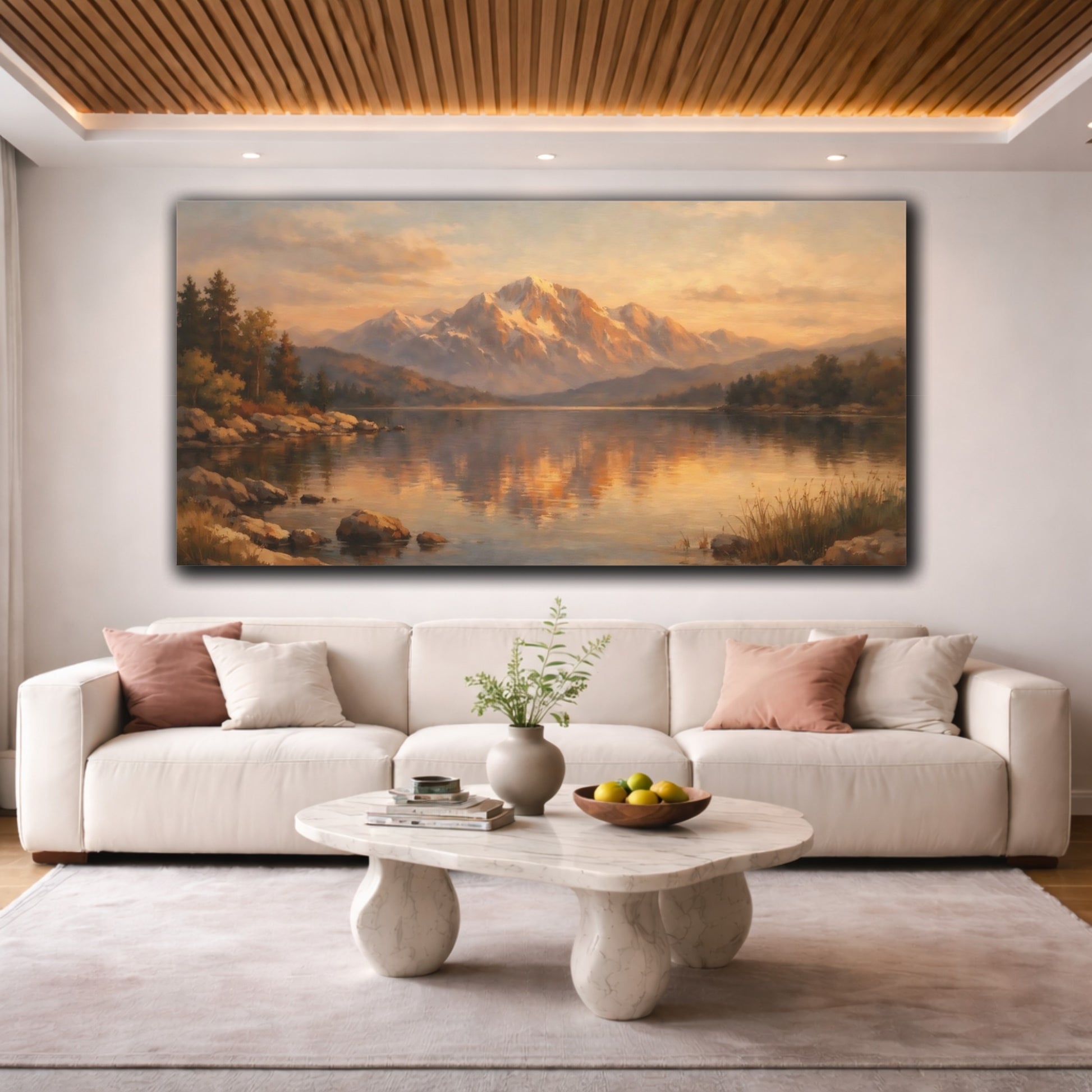 Mockup 3. Nature Snowy Mountains Golden Hour Landscape shown as stretched canvas wall art