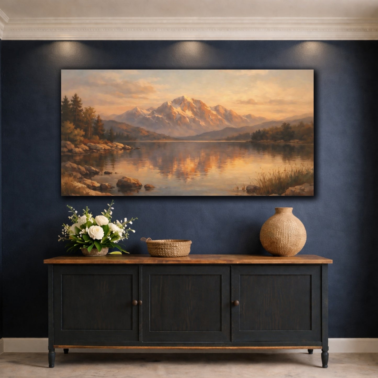 Mockup 4. Nature Snowy Mountains Golden Hour Landscape shown as stretched canvas wall art