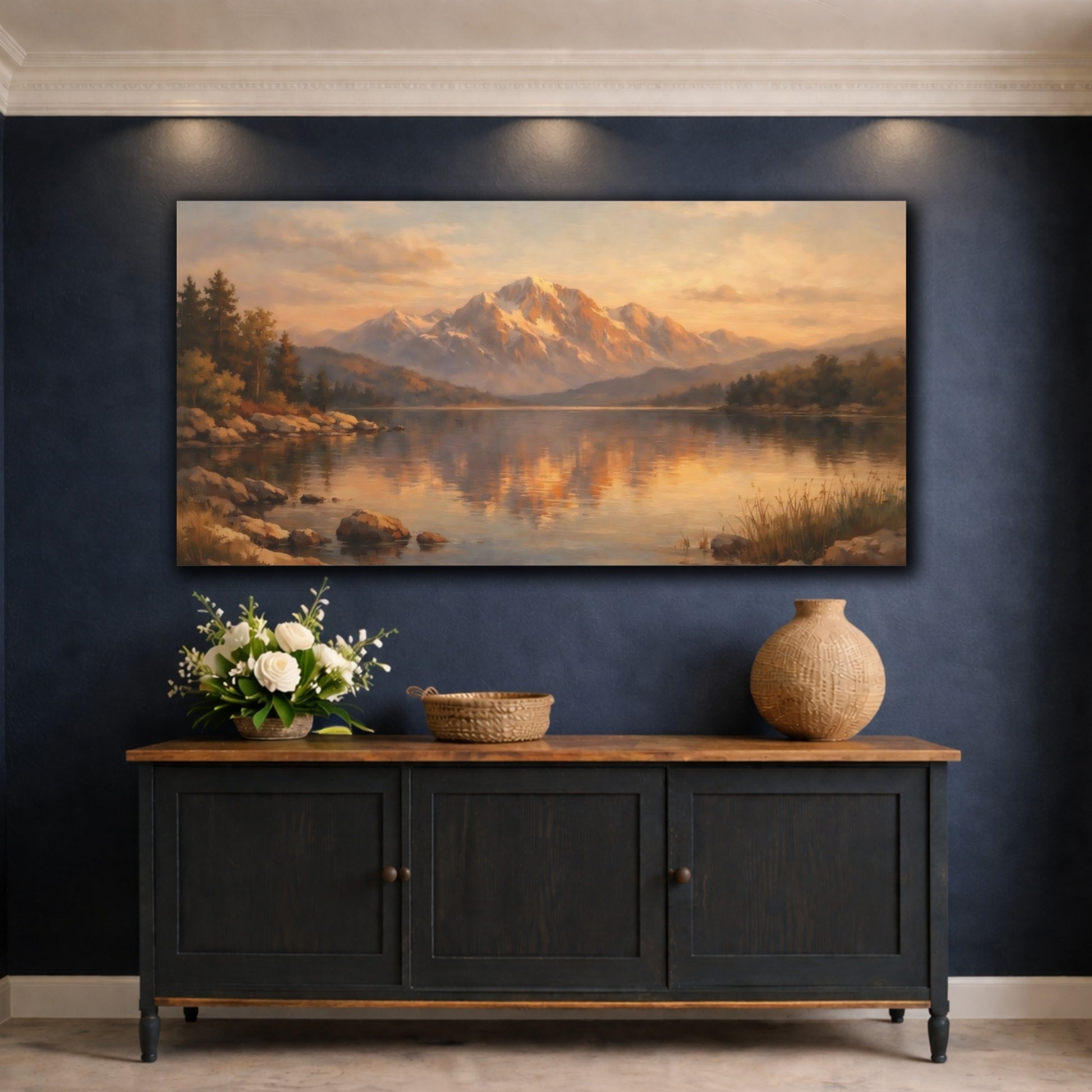Mockup 4. Nature Snowy Mountains Golden Hour Landscape shown as stretched canvas wall art