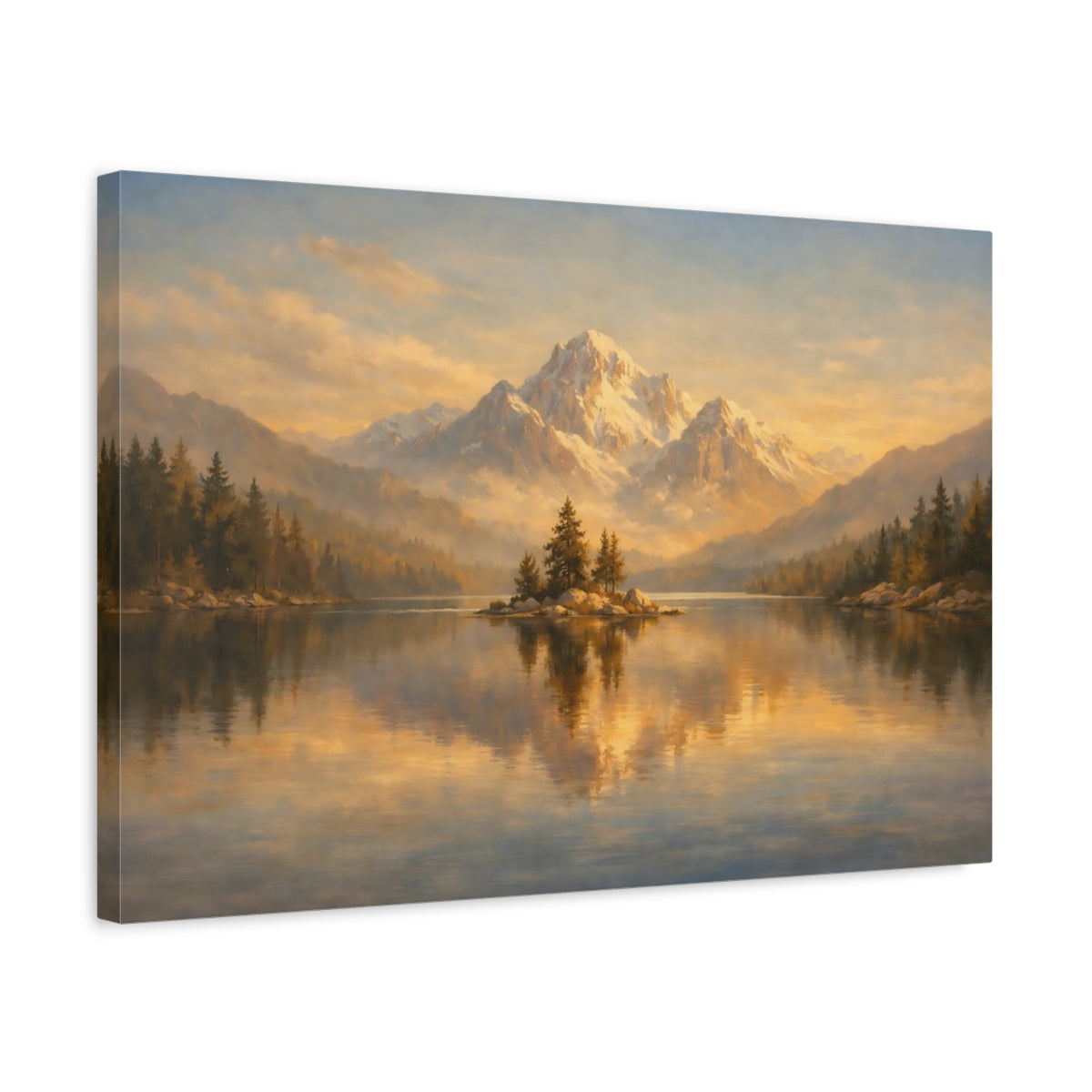 Side Mockup 3. Nature Snowy Mountains Golden Mountain Lake shown as stretched canvas wall art