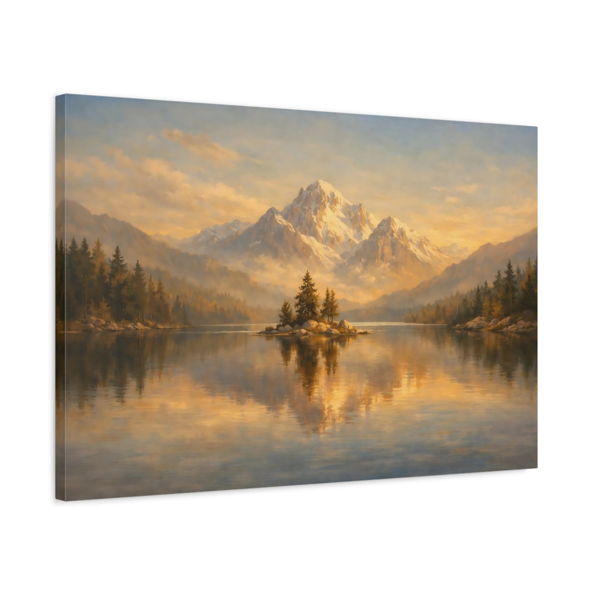 Side Mockup 2. Nature Snowy Mountains Golden Mountain Lake shown as stretched canvas wall art
