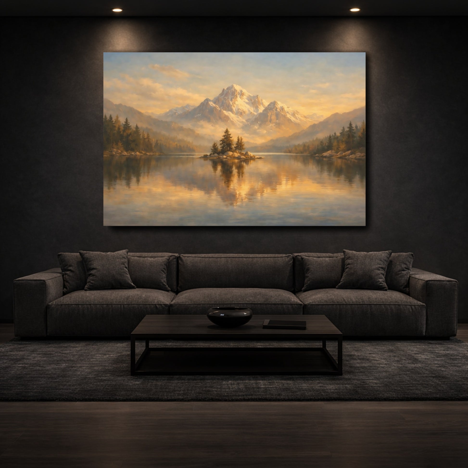 Mockup 2. Nature Snowy Mountains Golden Mountain Lake shown as stretched canvas wall art