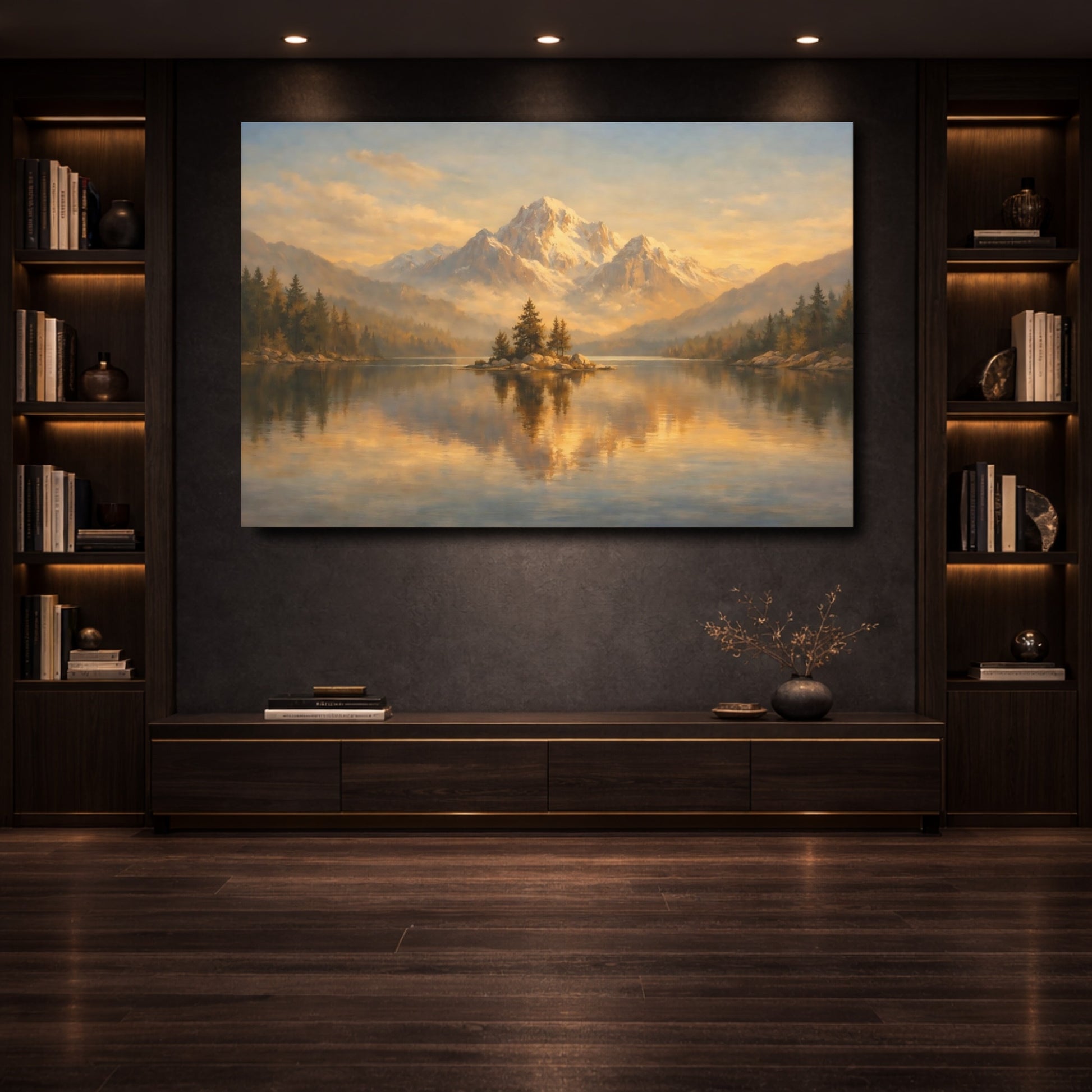 Mockup 3. Nature Snowy Mountains Golden Mountain Lake shown as stretched canvas wall art