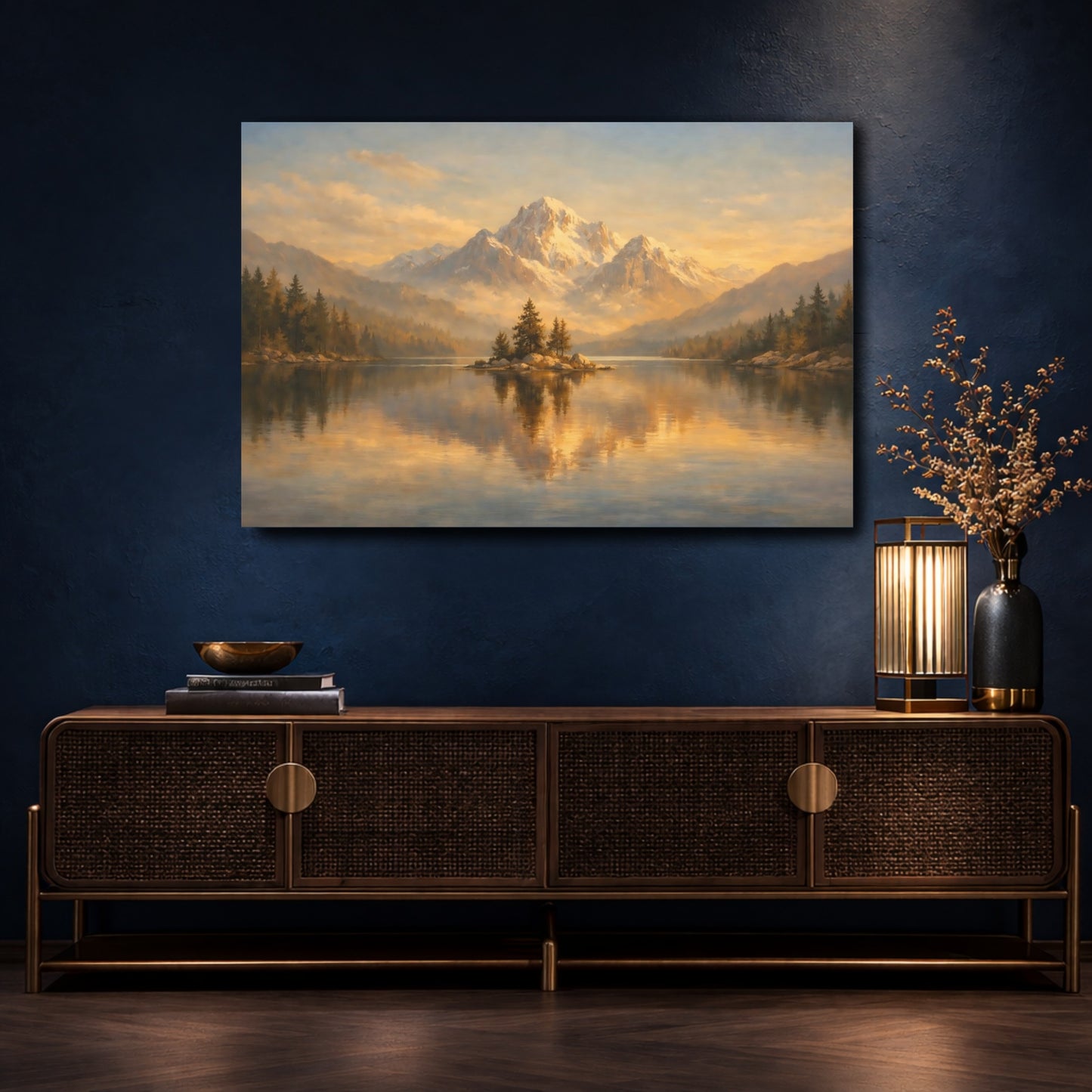 Mockup 4. Nature Snowy Mountains Golden Mountain Lake shown as stretched canvas wall art