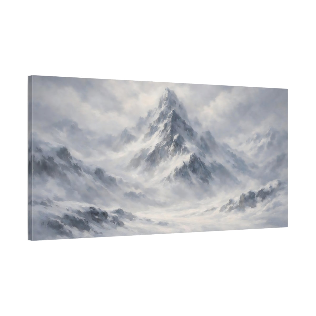 Side Mockup 1. Nature Snowy Mountains Grey And White shown as stretched canvas wall art