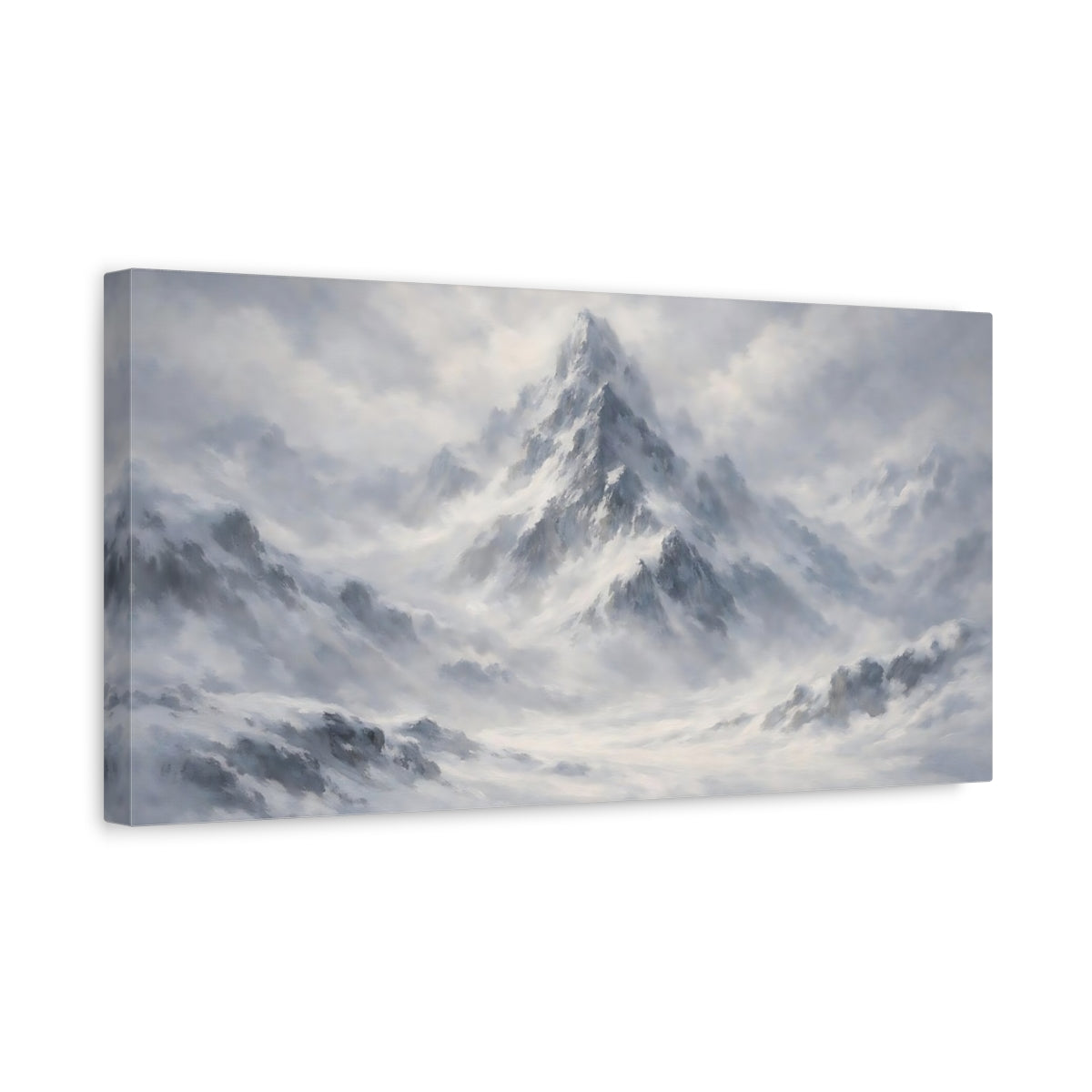Side Mockup 3. Nature Snowy Mountains Grey And White shown as stretched canvas wall art
