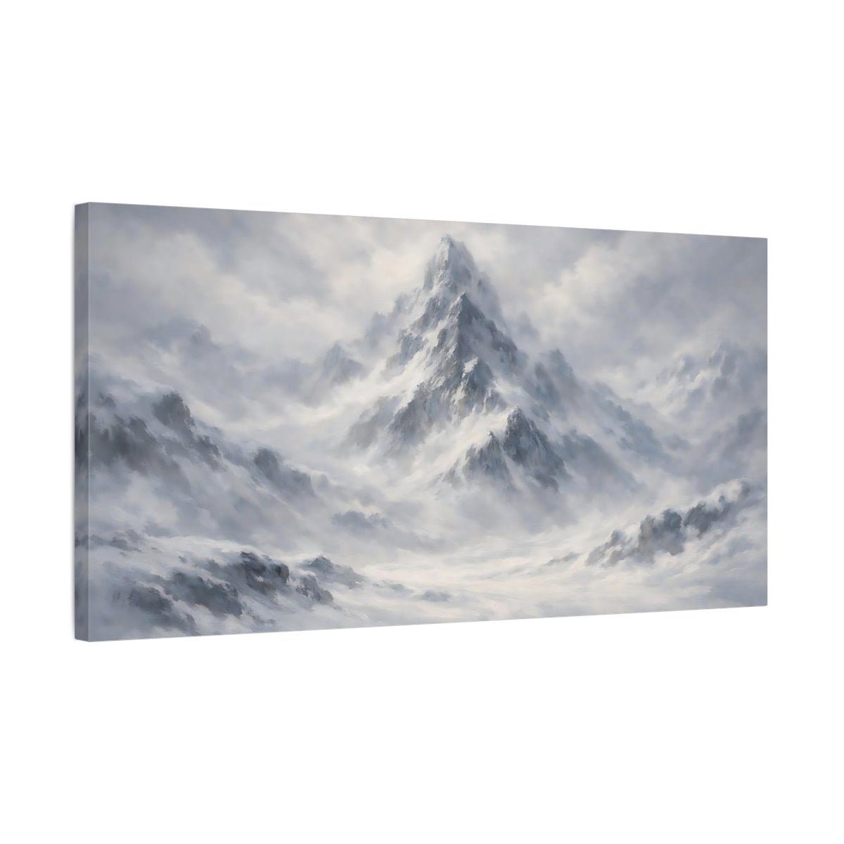 Side Mockup 2. Nature Snowy Mountains Grey And White shown as stretched canvas wall art