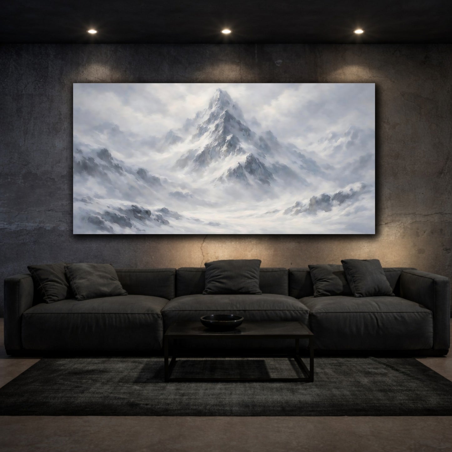 Mockup 2. Nature Snowy Mountains Grey And White shown as stretched canvas wall art