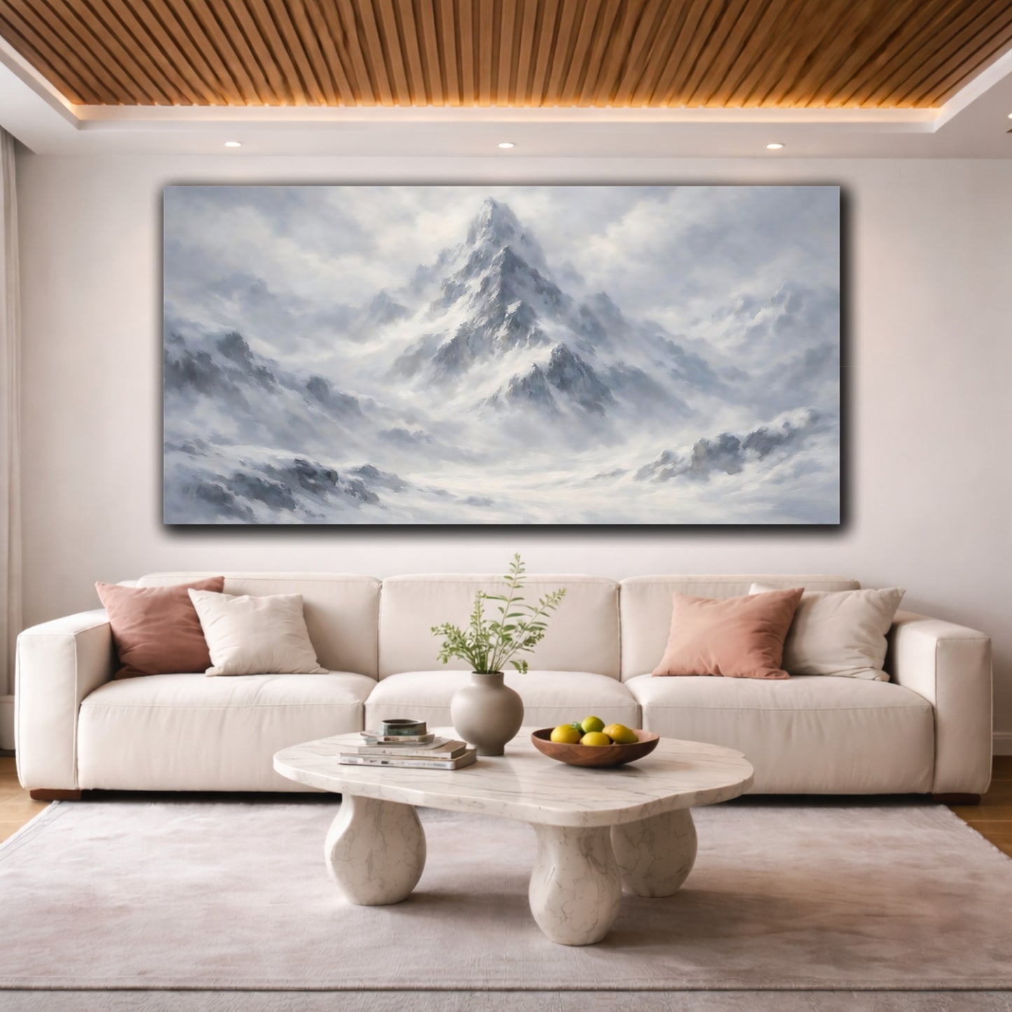 Mockup 3. Nature Snowy Mountains Grey And White shown as stretched canvas wall art
