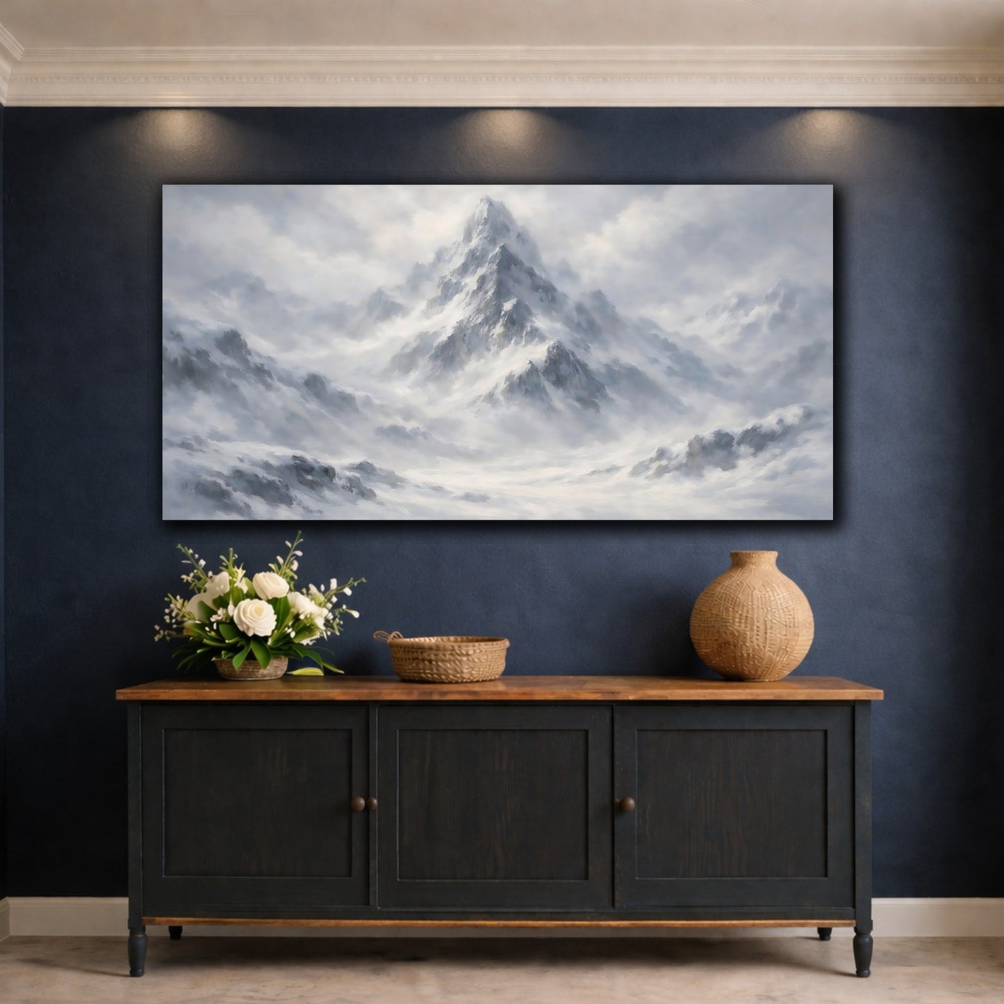 Mockup 4. Nature Snowy Mountains Grey And White shown as stretched canvas wall art