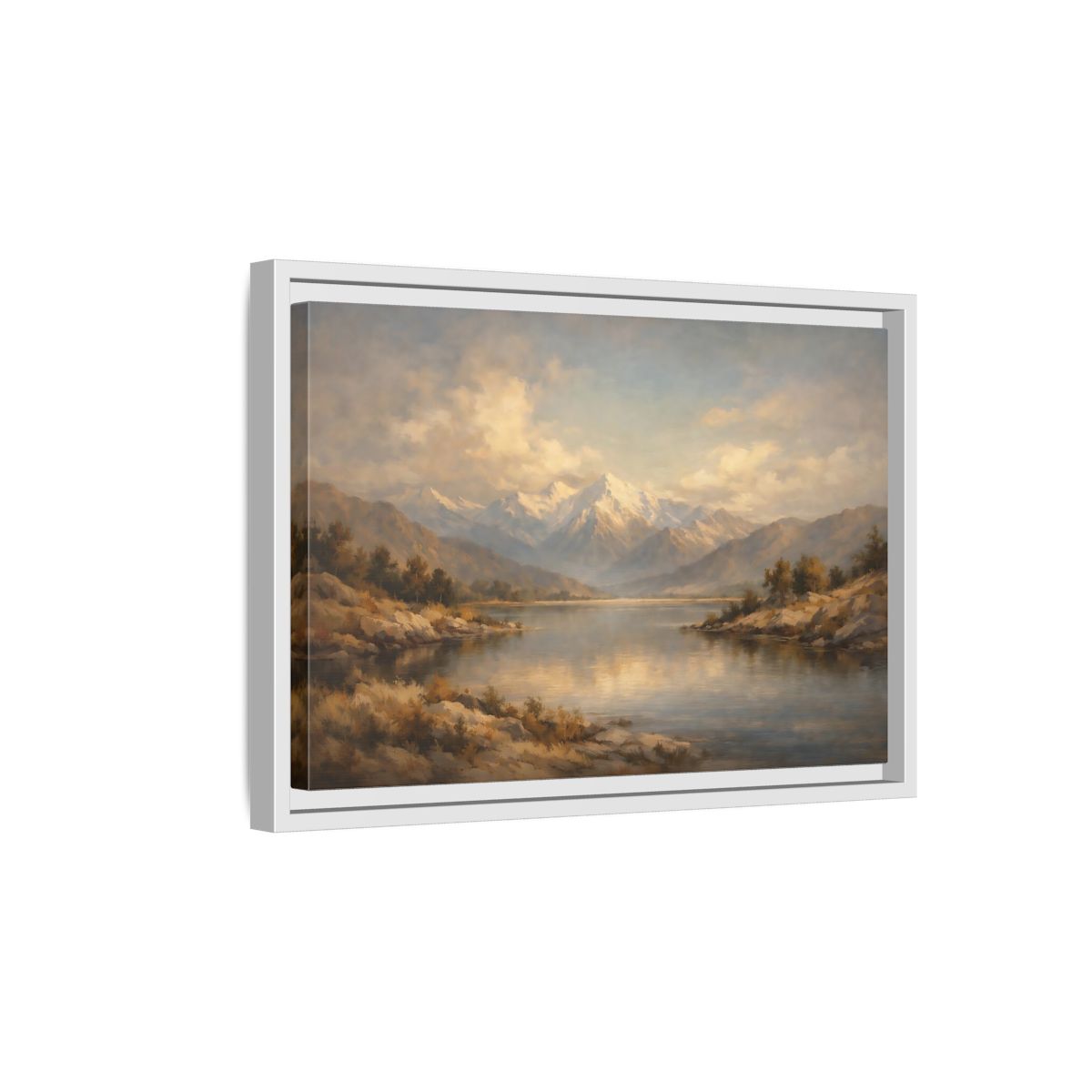 Side Mockup 4. Nature Snowy Mountains Mountain Lake shown as stretched canvas wall art