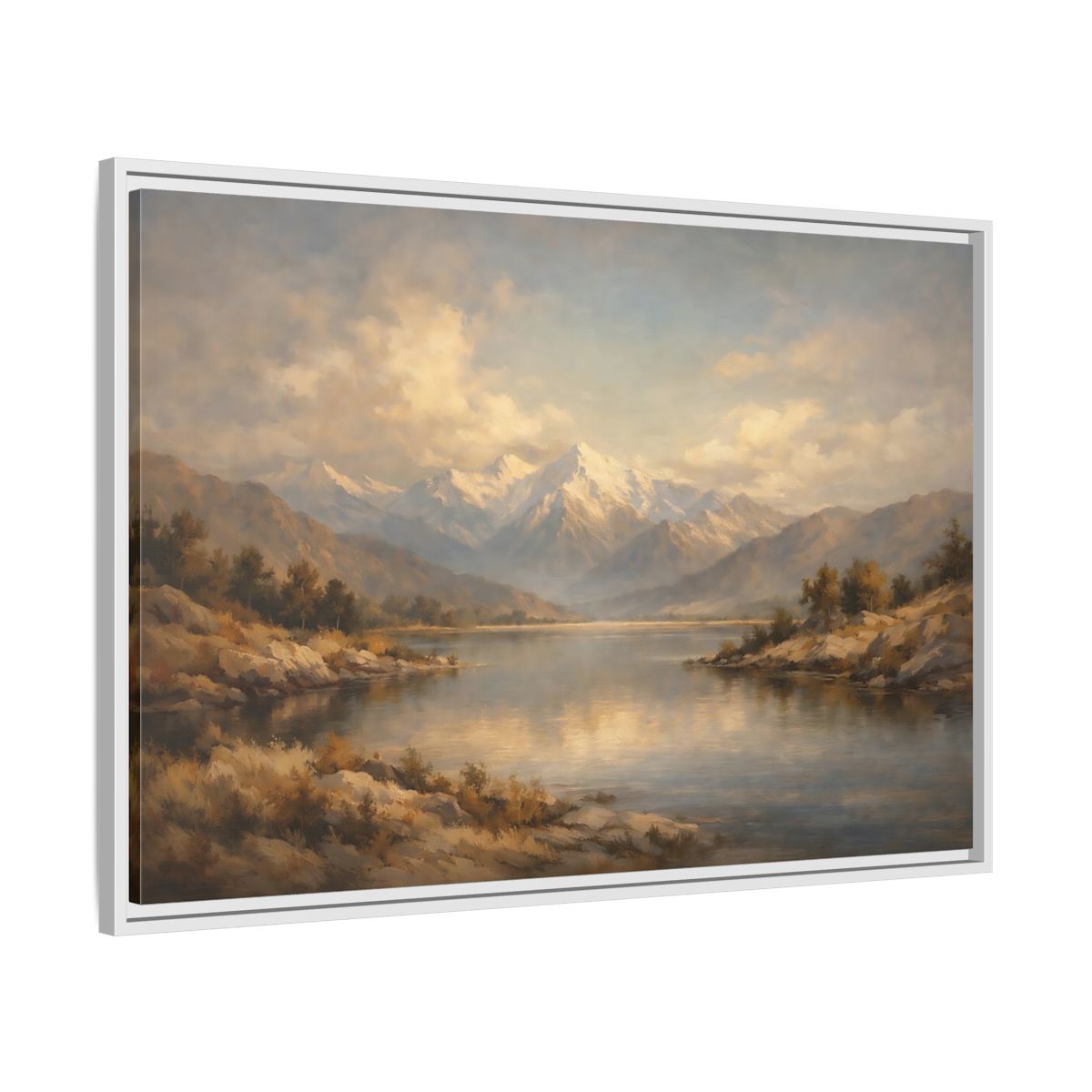 Side Mockup 8. Nature Snowy Mountains Mountain Lake shown as stretched canvas wall art