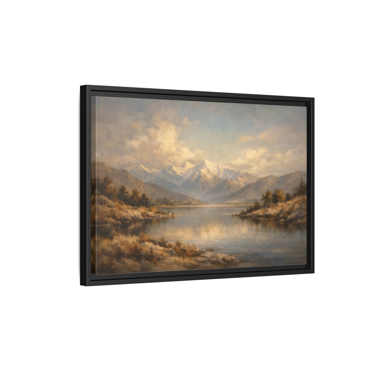 Side Mockup 3. Nature Snowy Mountains Mountain Lake shown as stretched canvas wall art