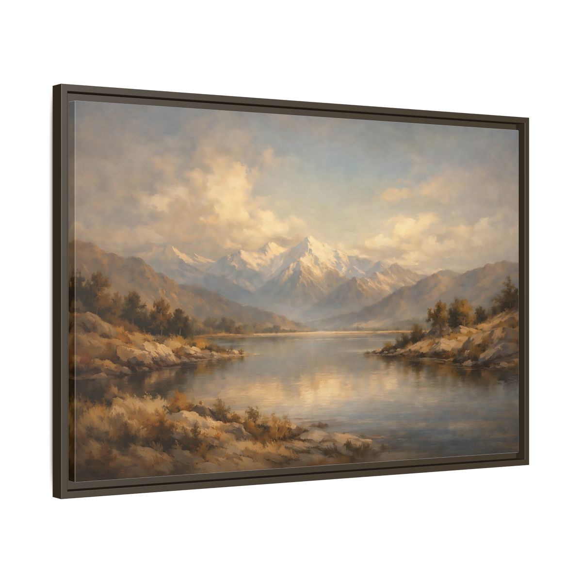 Side Mockup 9. Nature Snowy Mountains Mountain Lake shown as stretched canvas wall art