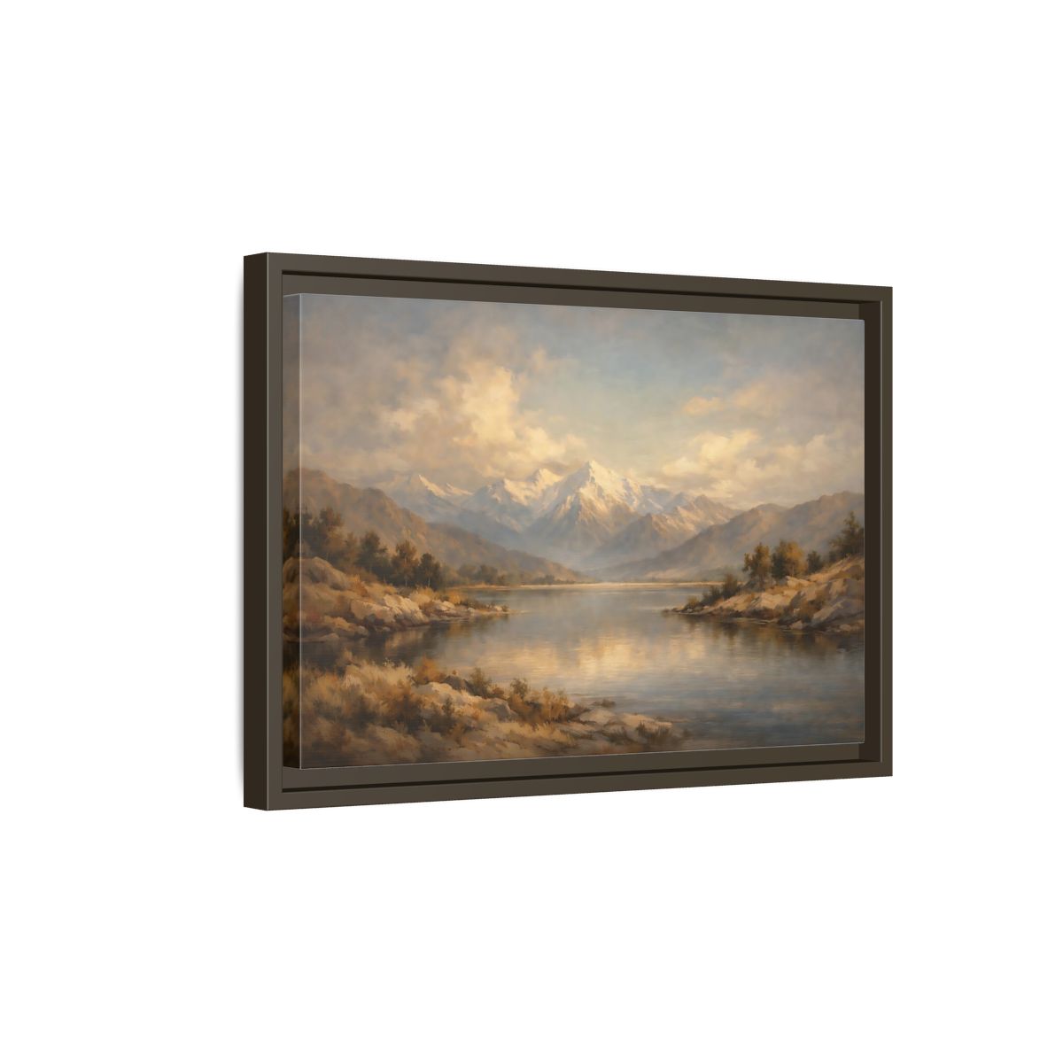 Side Mockup 5. Nature Snowy Mountains Mountain Lake shown as stretched canvas wall art