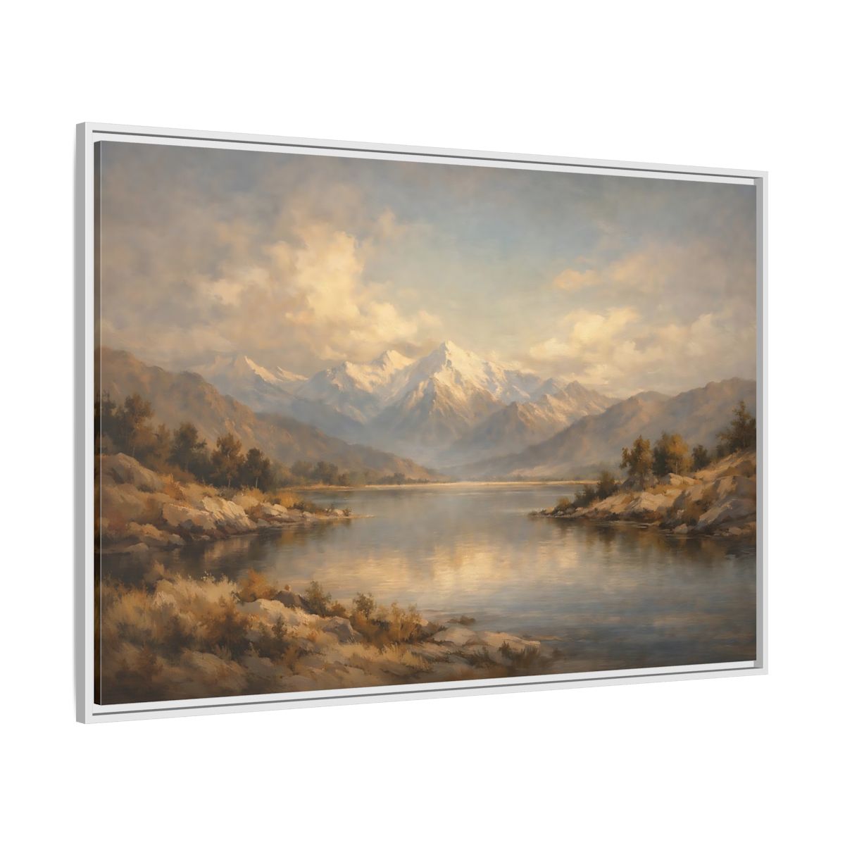 Side Mockup 7. Nature Snowy Mountains Mountain Lake shown as stretched canvas wall art