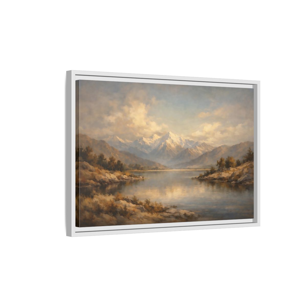 Side Mockup 1. Nature Snowy Mountains Mountain Lake shown as stretched canvas wall art