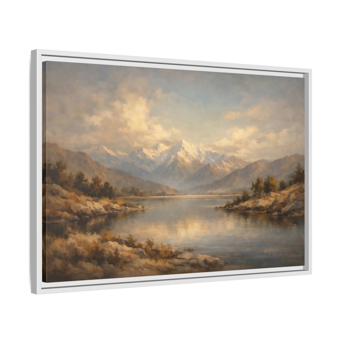 Side Mockup 10. Nature Snowy Mountains Mountain Lake shown as stretched canvas wall art
