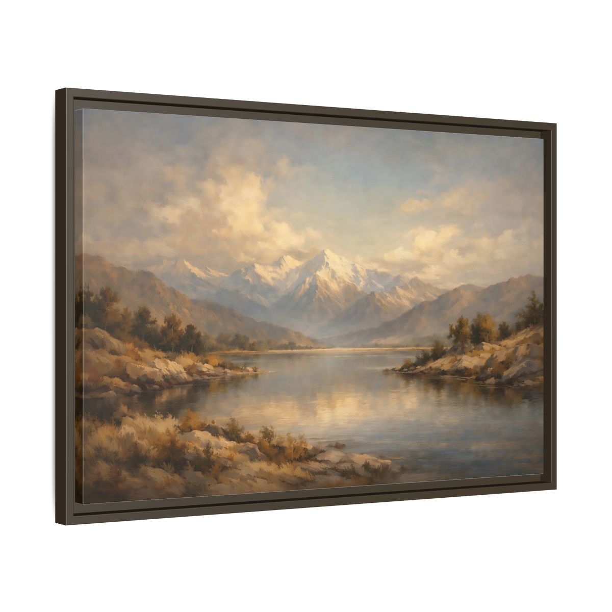 Side Mockup 11. Nature Snowy Mountains Mountain Lake shown as stretched canvas wall art