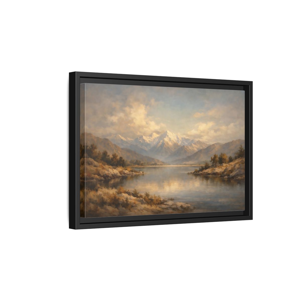 Side Mockup 6. Nature Snowy Mountains Mountain Lake shown as stretched canvas wall art