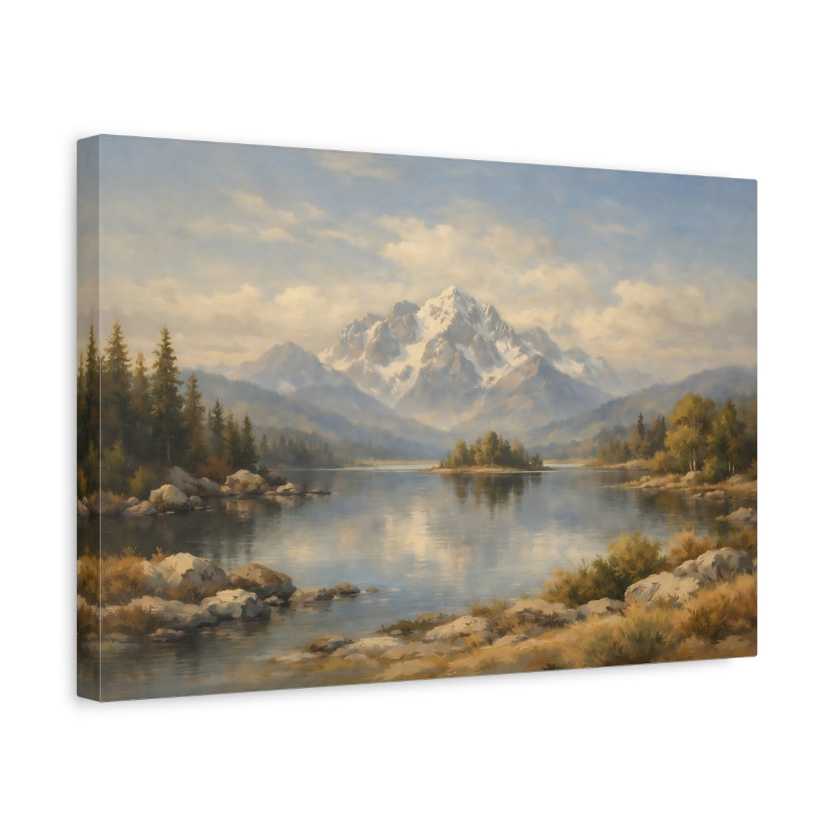 Side Mockup 4. Nature Snowy Mountains Mountain Lake Landscape shown as stretched canvas wall art