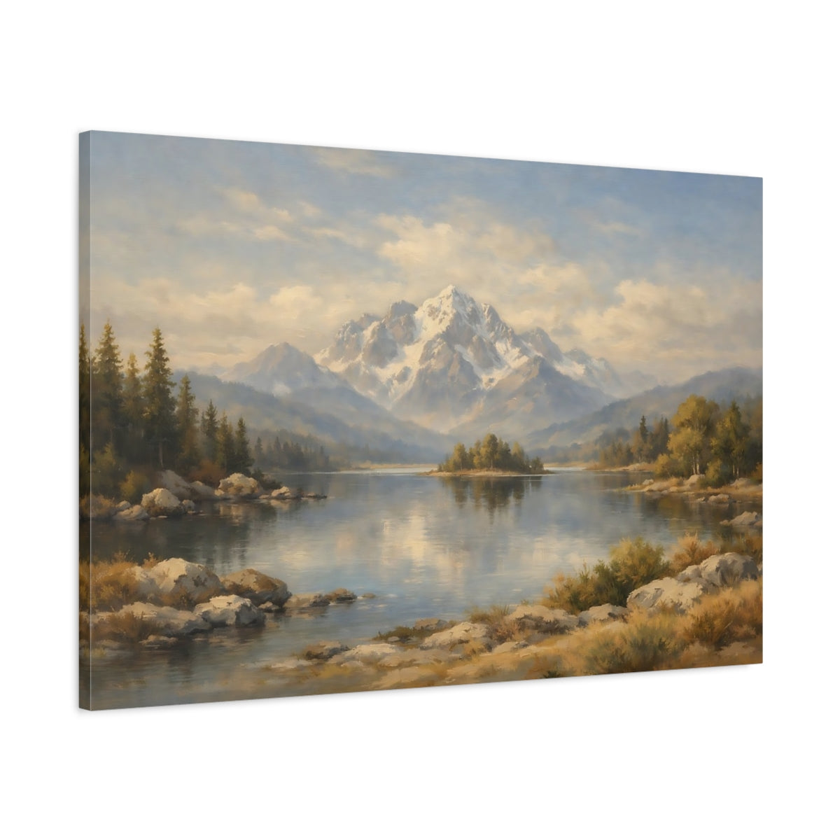 Side Mockup 1. Nature Snowy Mountains Mountain Lake Landscape shown as stretched canvas wall art